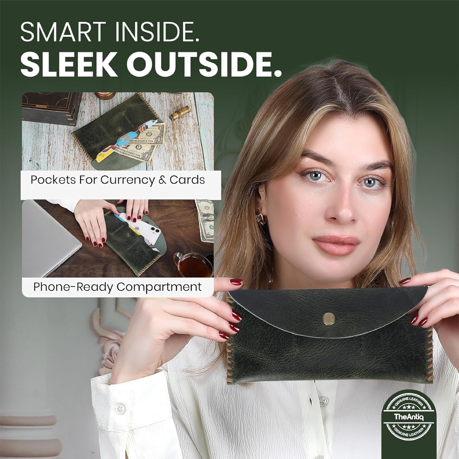 Green Leather Currency Pouch Money Bag with 3 Credit Card Wallet | Genuine Leather Currency Organiser For Men & Women | Handmade Dollar Bills Organiser Money Pouch Cash Bag - Image 6