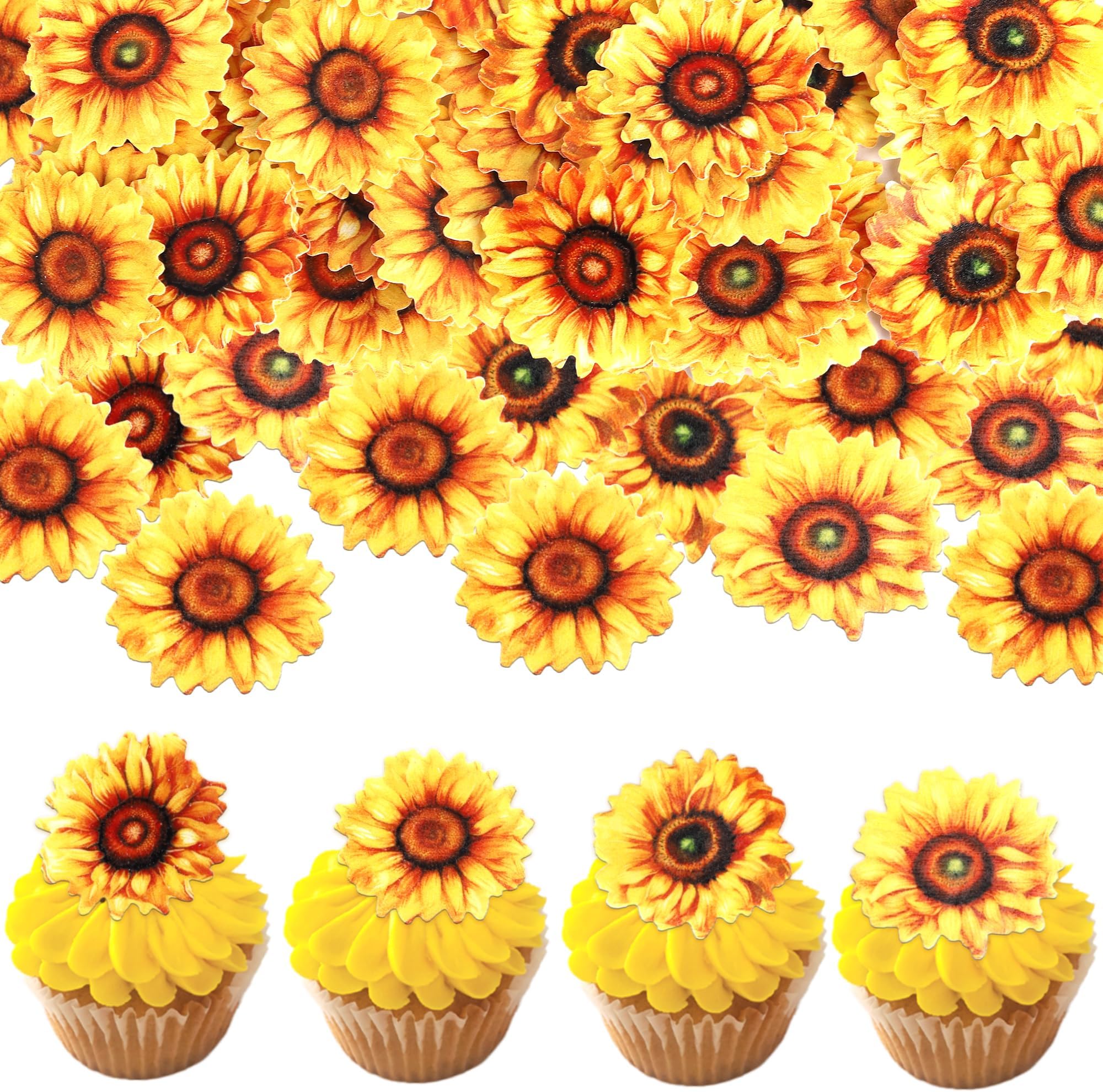 Xsstarmi 60 Pack Edible Sunflower Cupcake Toppers Rice Paper Sunflower Cupcake Picks for Baby Shower Wedding Birthday Anniversary Party Cake Decorations Supplies