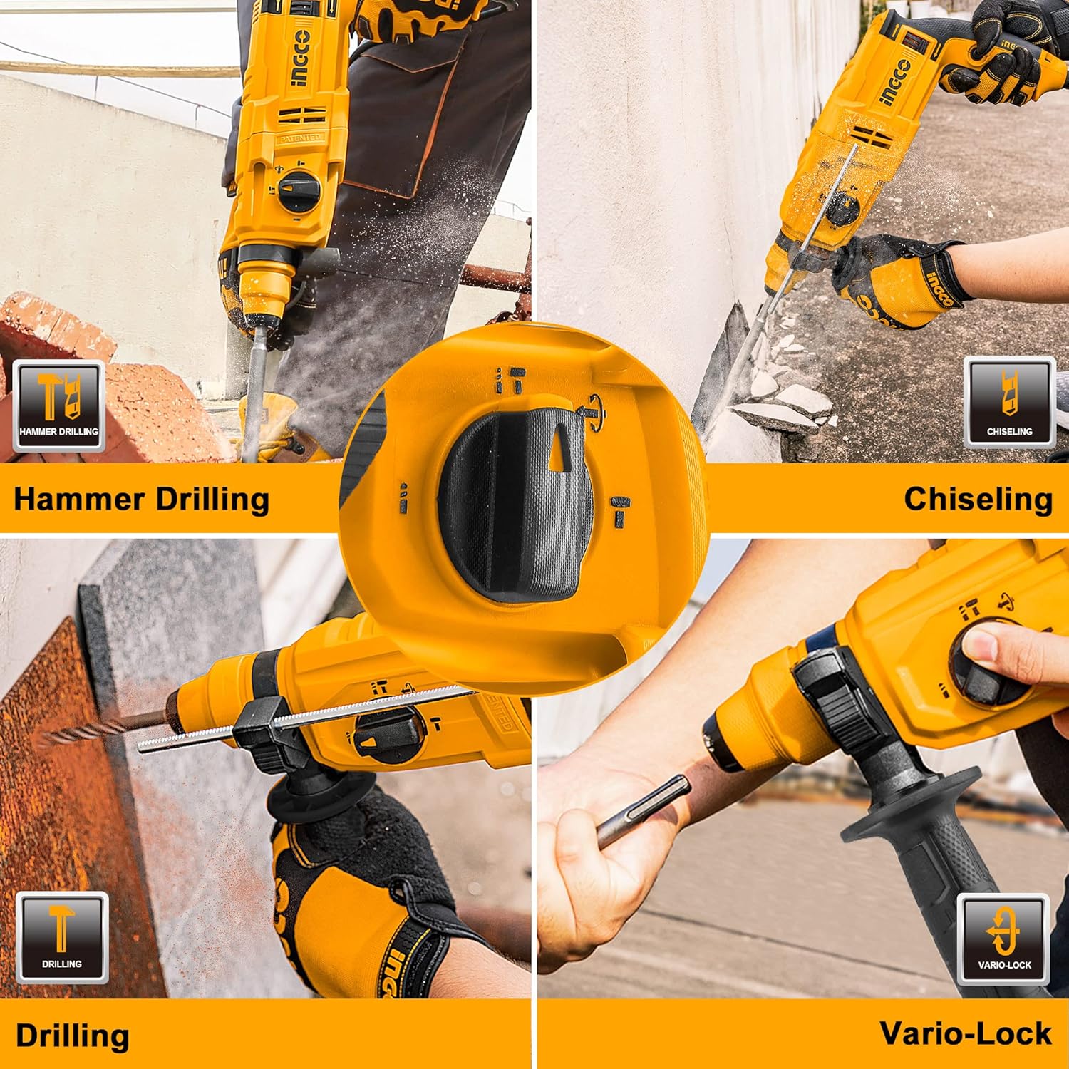 Rotary hammer drill performing various tasks: hammer drilling, chiseling, drilling, and vario-lock