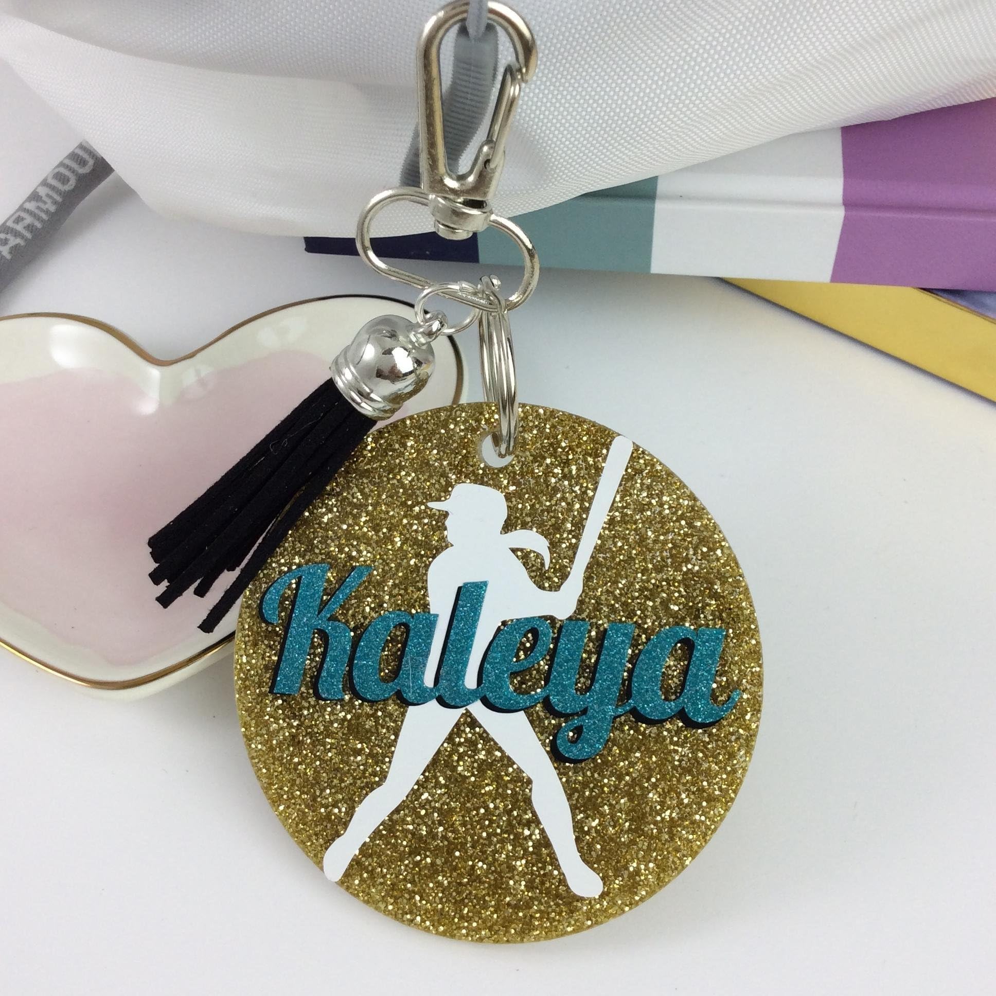 Softball Girl Glitter Bag Tag, Personalized, Monogrammed with Your Name and Your Colors