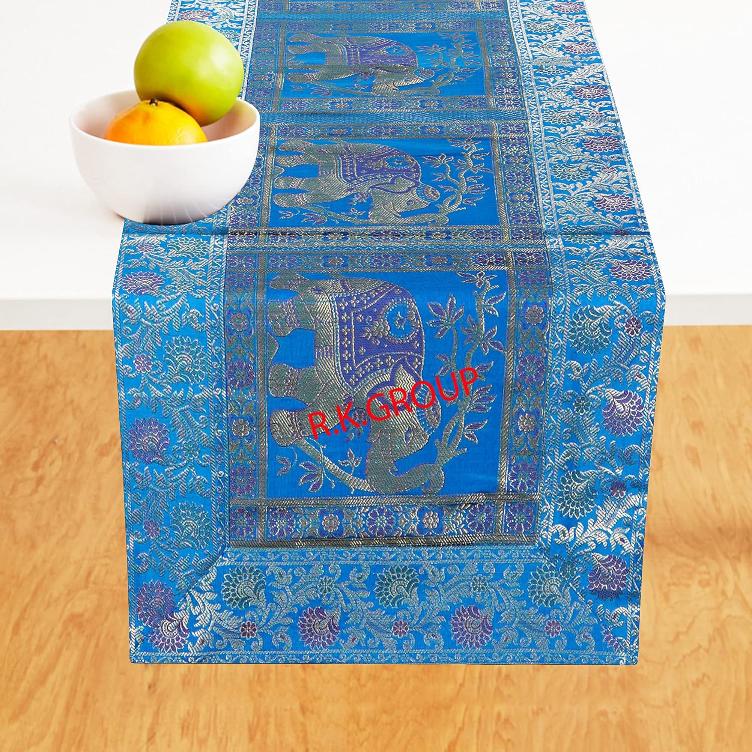 Indian Rectangle Hand Art Elephant Banarsi Silk Table Runner 60 x 16 Inch Color Table Cloth (Green)