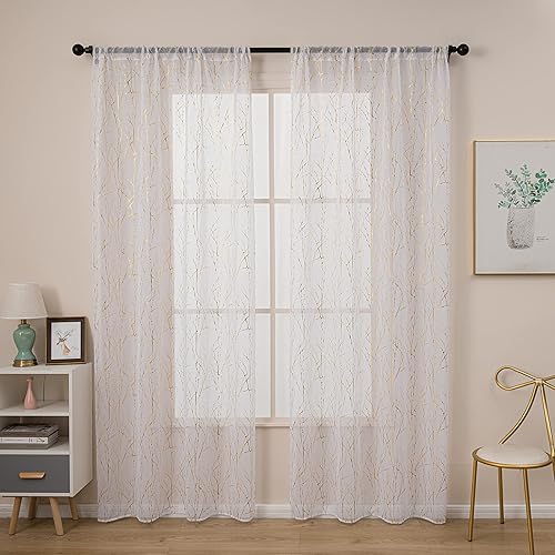 Miniatura 6 de Sutuo Home Juego de 2 paneles de cortinas traslúcidas blancas de 63 pulgadas de largo, rama bronceadora metálica con estampado de lámina dorada,