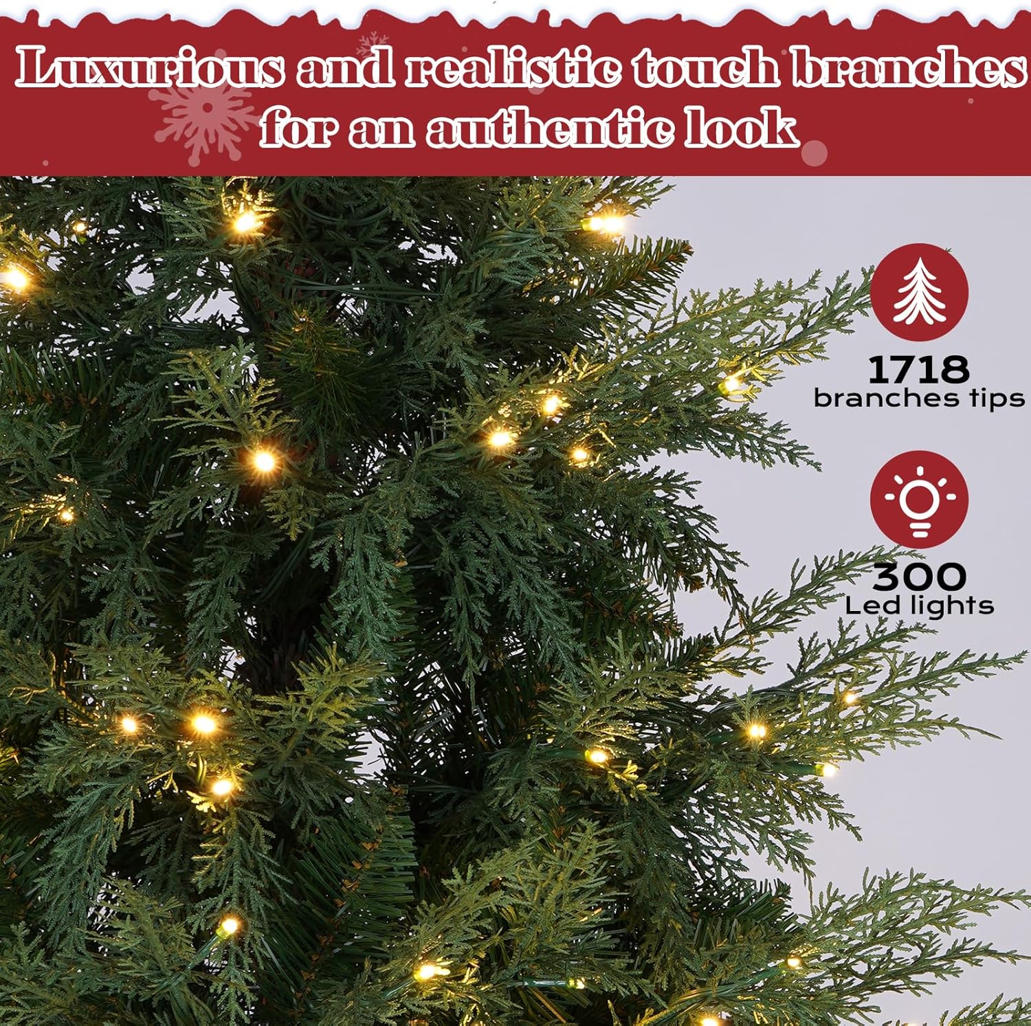 6FT Prelit Cedar Christmas Tree, 1718 Branch Tips, Realistic PVC+PE Material, 300 LED Warm White Lights, Hinged Design, Real Feel Touch, Artificial Christmas Tree Christmas Décor for Home, Office
