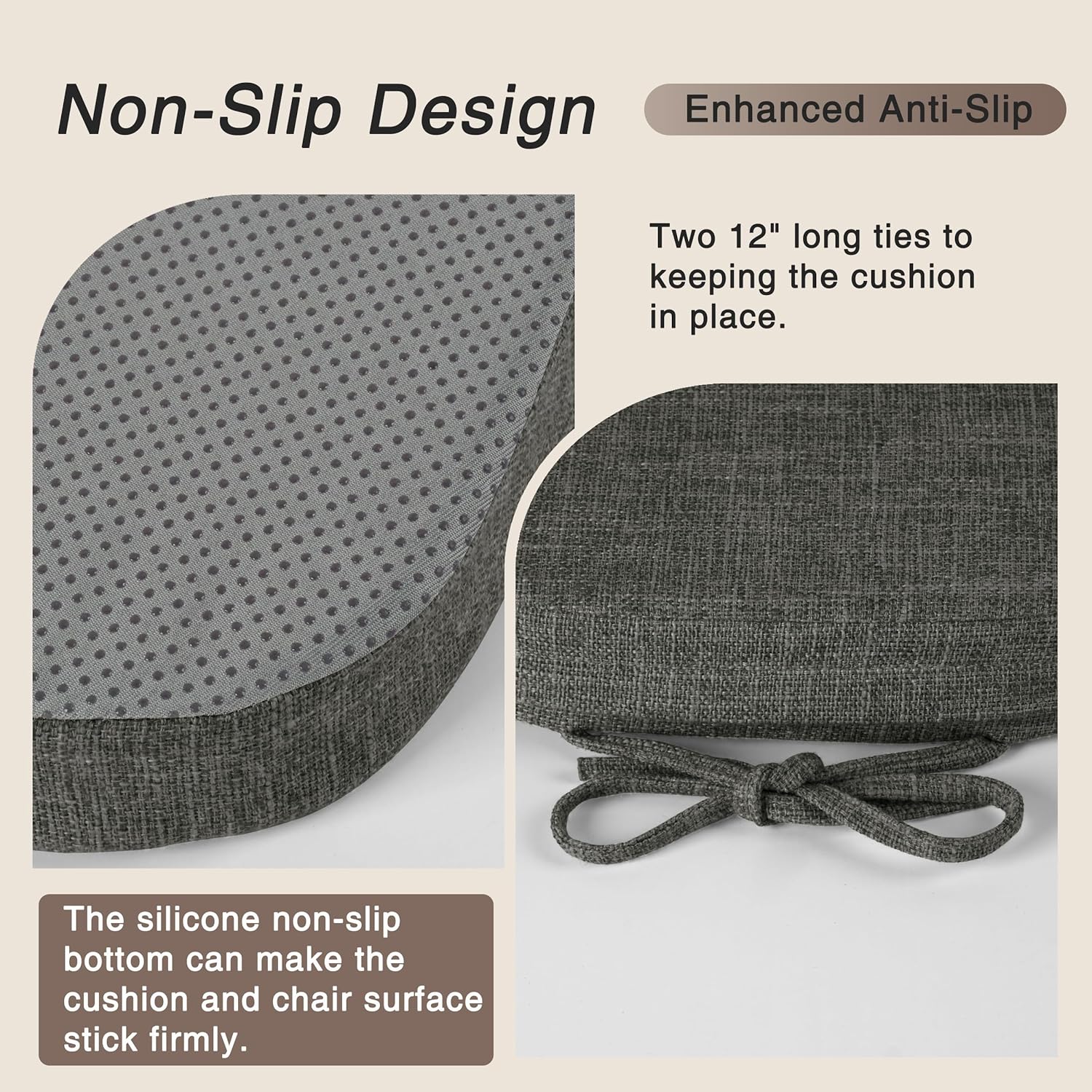 OVOV 14x14 Chair Cushions for Metal Dining Chairs Set of 4 Non Slip Thick Textured Chair Pads for Dining Chairs with Ties and Removable Cover (4, Dark Grey)
