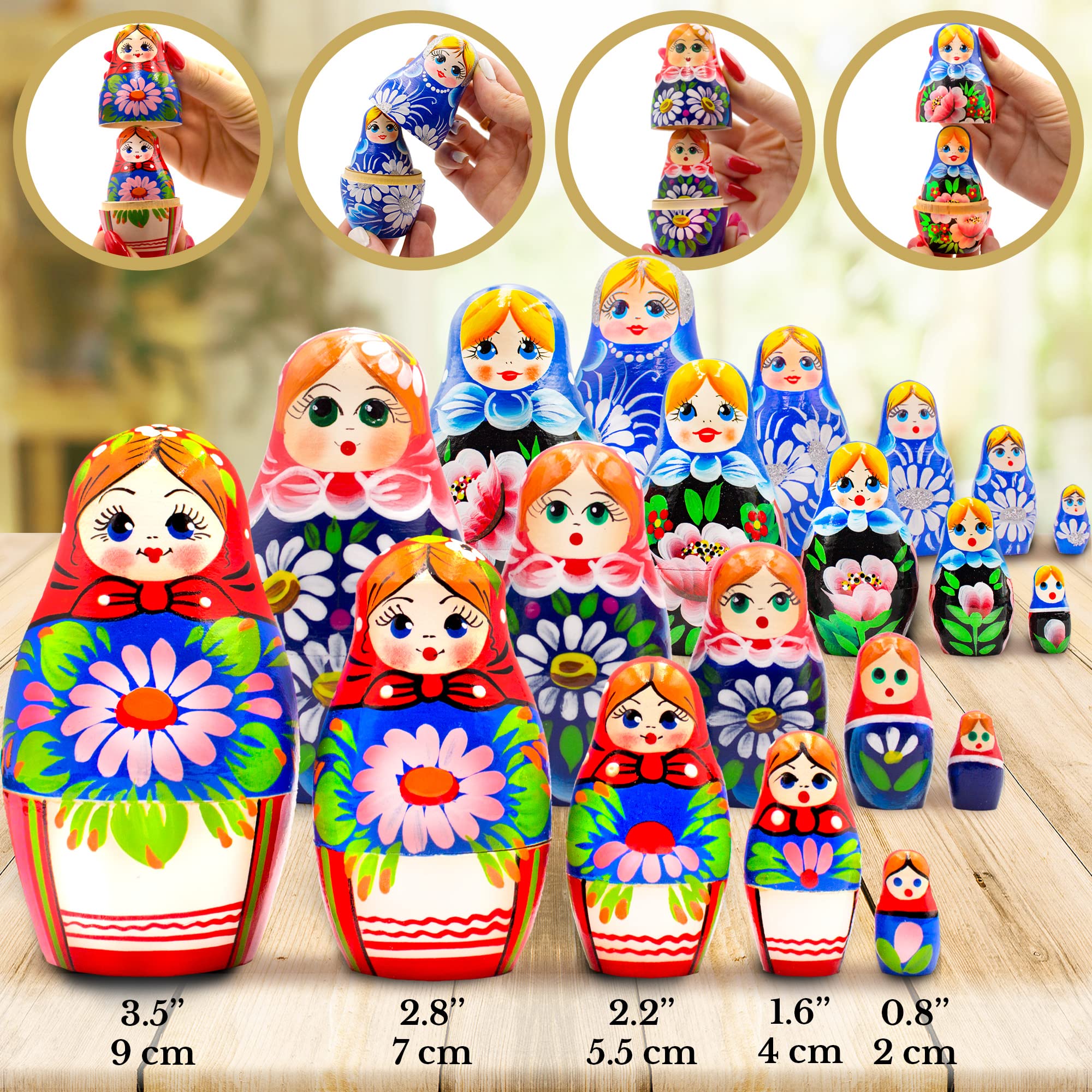 Lot of 20 pcs of Classic Nesting Dolls with Flower Decorations - Russian Do＿並行輸入品