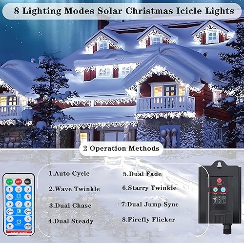 Miniatura 4 de Luces solares blancas de carámbano de Navidad, 304 LED para decoración de Navidad al aire libre, 8 modos, impermeables, luces solares de carámbano