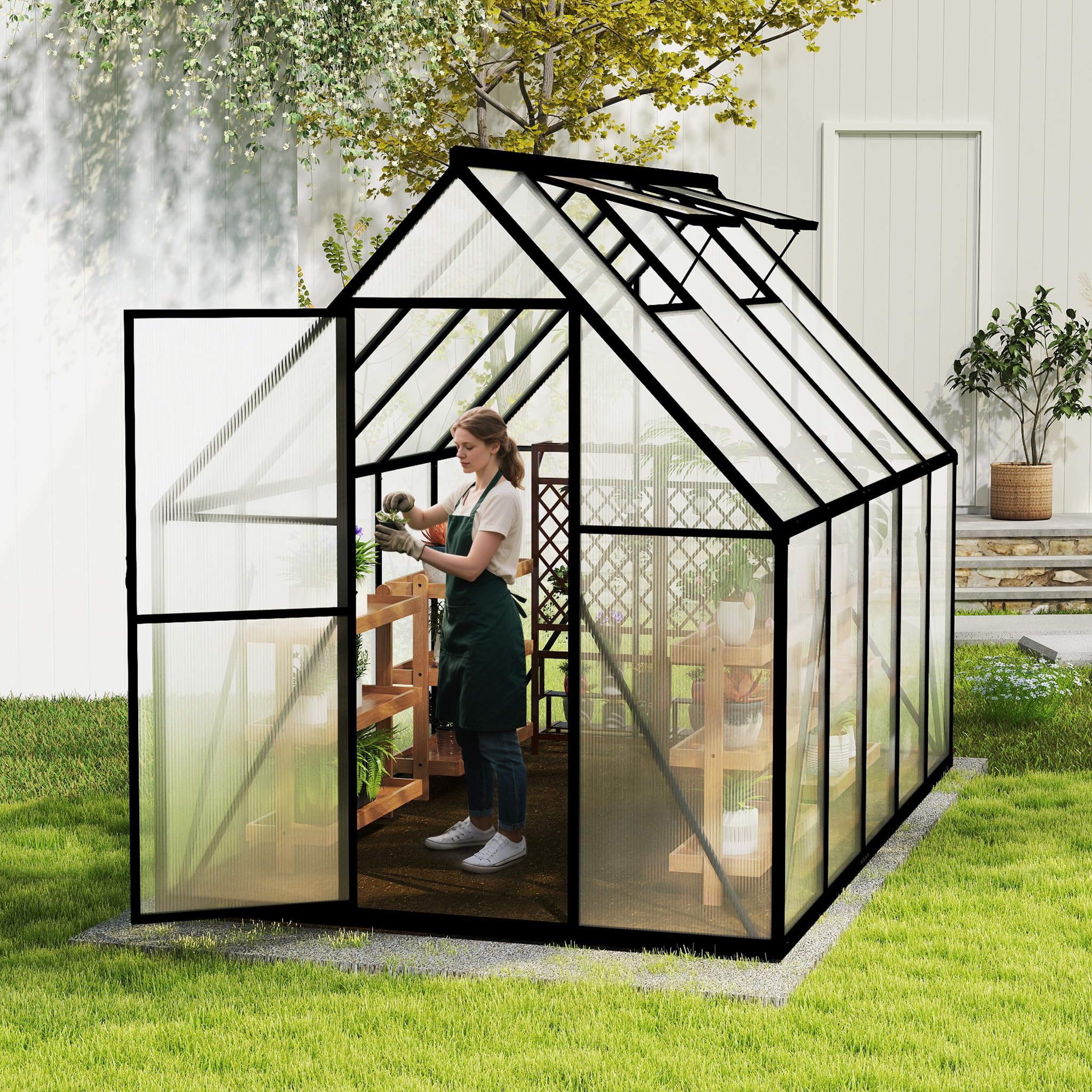 Froadp Serre en aluminium avec fondation 280 x 180 x 195 cm - Plaques creuses en polycarbonate de 4 mm - Résistant aux intempéries - Serre à tomates avec fenêtres - Pour jardin et élevage