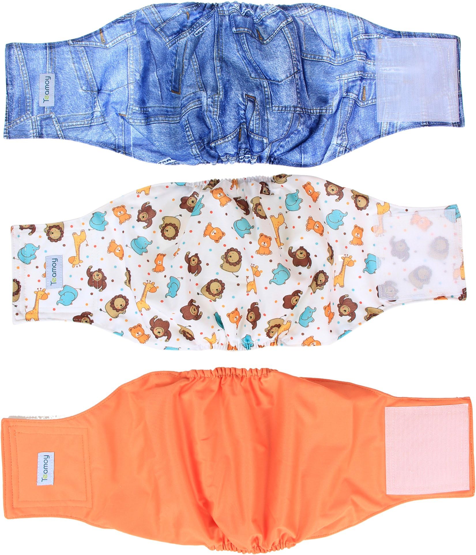 Teamoy Reusable Wrap Diapers for Male Dogs, Washable Puppy Belly Band Pack of 3 (L1, 16"-20" Waist, Orange+ Denim+ Fat Smile)