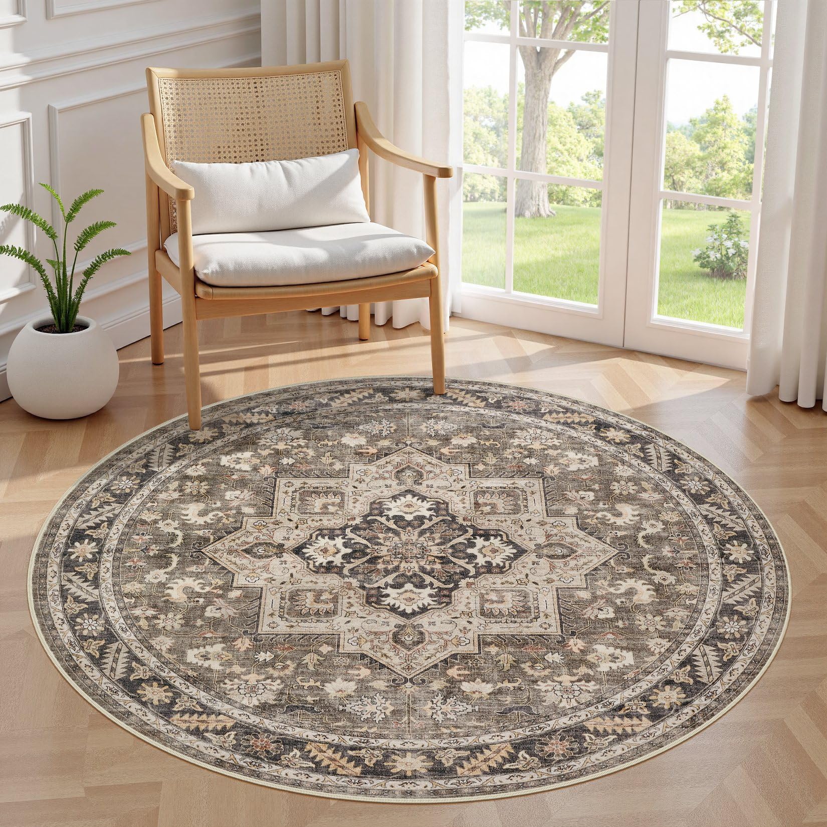 cotiled 5ft Round Vintage Living Room Area Rug - 5x5 Large Soft Washable Oriental Traditional Distressed Farmhouse Rugs for Bedroom - Indoor Floor Accent Carpet for Home Office House Decor - Brown