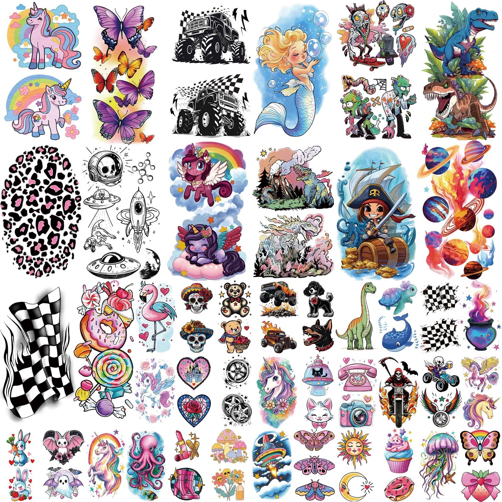 52 tatuajes temporales para niños, de brazo completo, sirena, mariposa, gato, camión, dinosaurio, cohete, planeta, lindo animal, cara, tatuajes de brazo falso para niñas y niños, calcomanías de 2
