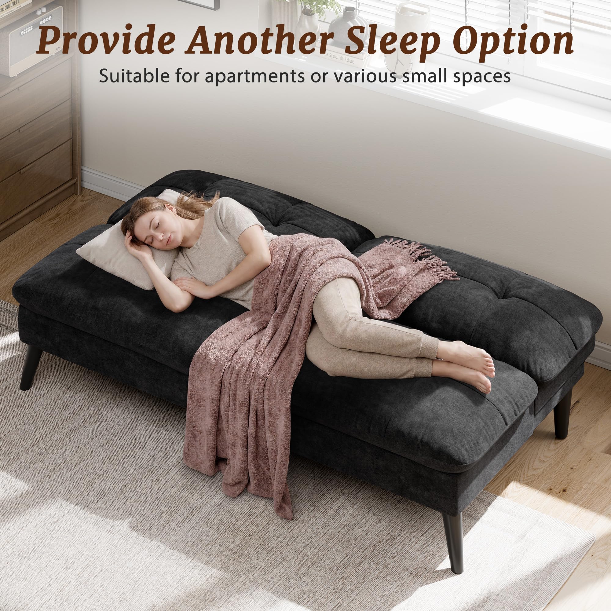 Shintenchi Futon Sofa Bed, Foldable Small Velvet Couch Bed with Adjustable Recliner, Space Saving 2 in 1 Sofa for Living Room, Apartment, or Guest Room, Black