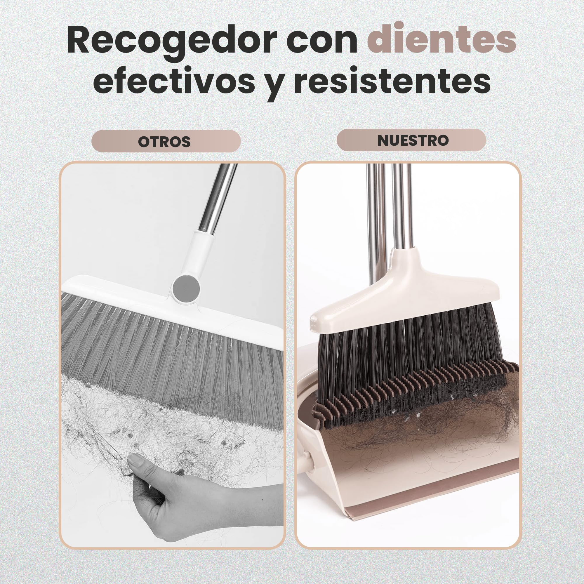 JUPPLIES Escoba y Recogedor Plegable Mango Largo, Juego Barredora Vertical Recogedor Interior para Barrido Casa Beige