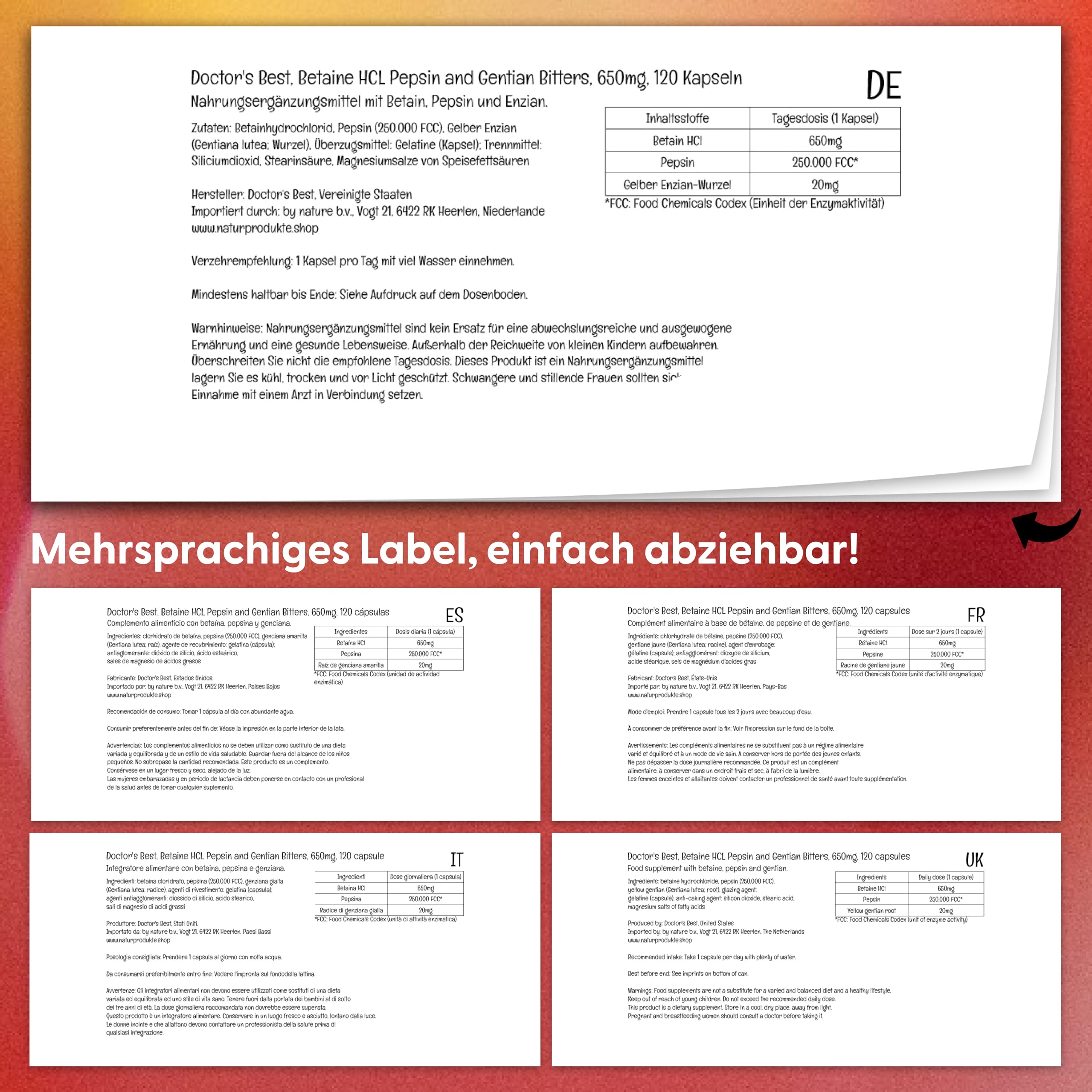 DOCTOR'S BEST Betain HCI mit Pepsin und Bitter-Enzian, 650 mg, 120 Weichkapseln, Hochdosiert, Laborgeprüft, Sojafrei, Glutenfrei, Ohne Gentechnik, 113 g