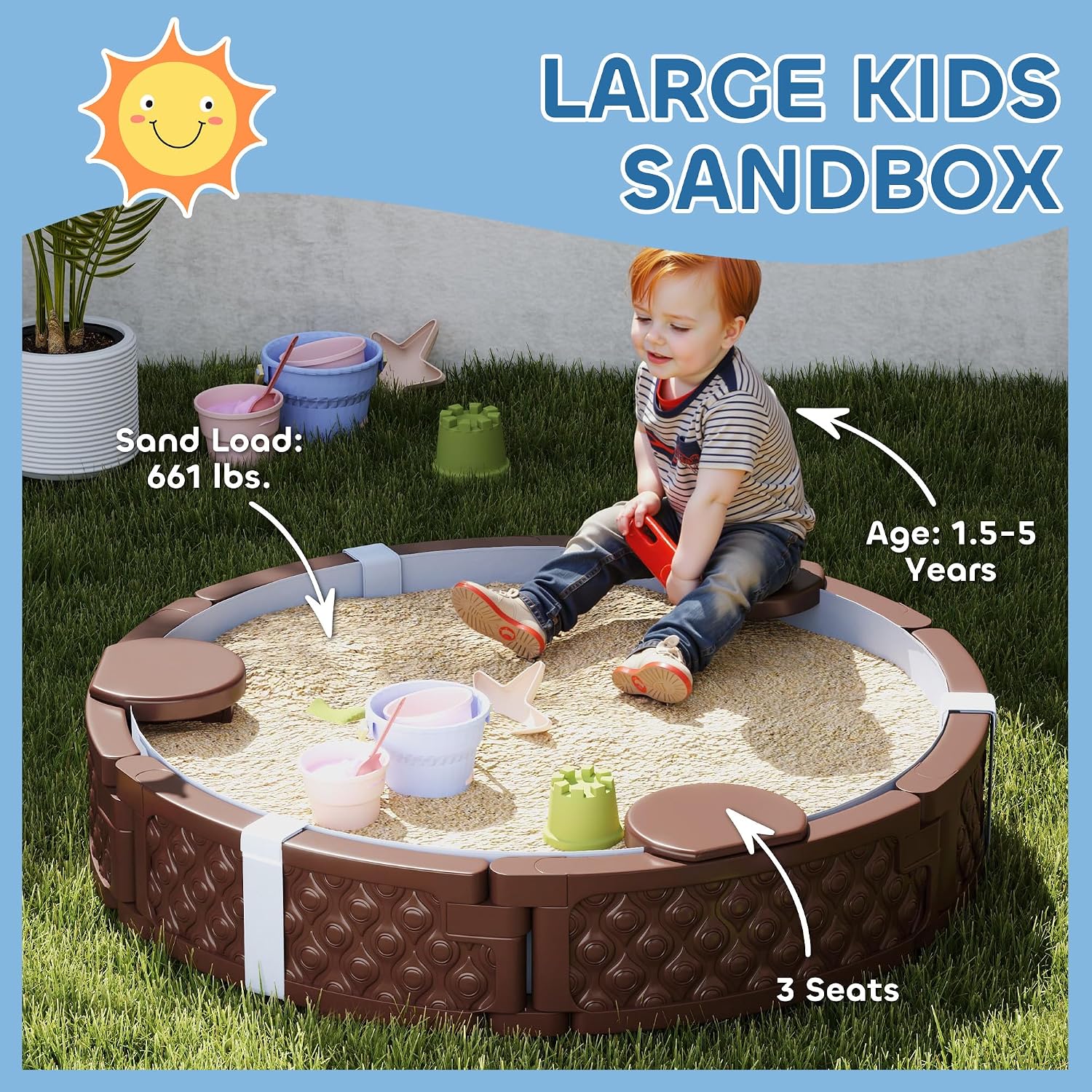 Qaba Kids Sandbox with Cover, Round 47" HDPE Large Sand Pit with 3 Seats, Waterproof Bottom Liner, Weather Resistant Outdoor Sand Box for Backyard, Lawn, Garden, Beach, Patio, Brown