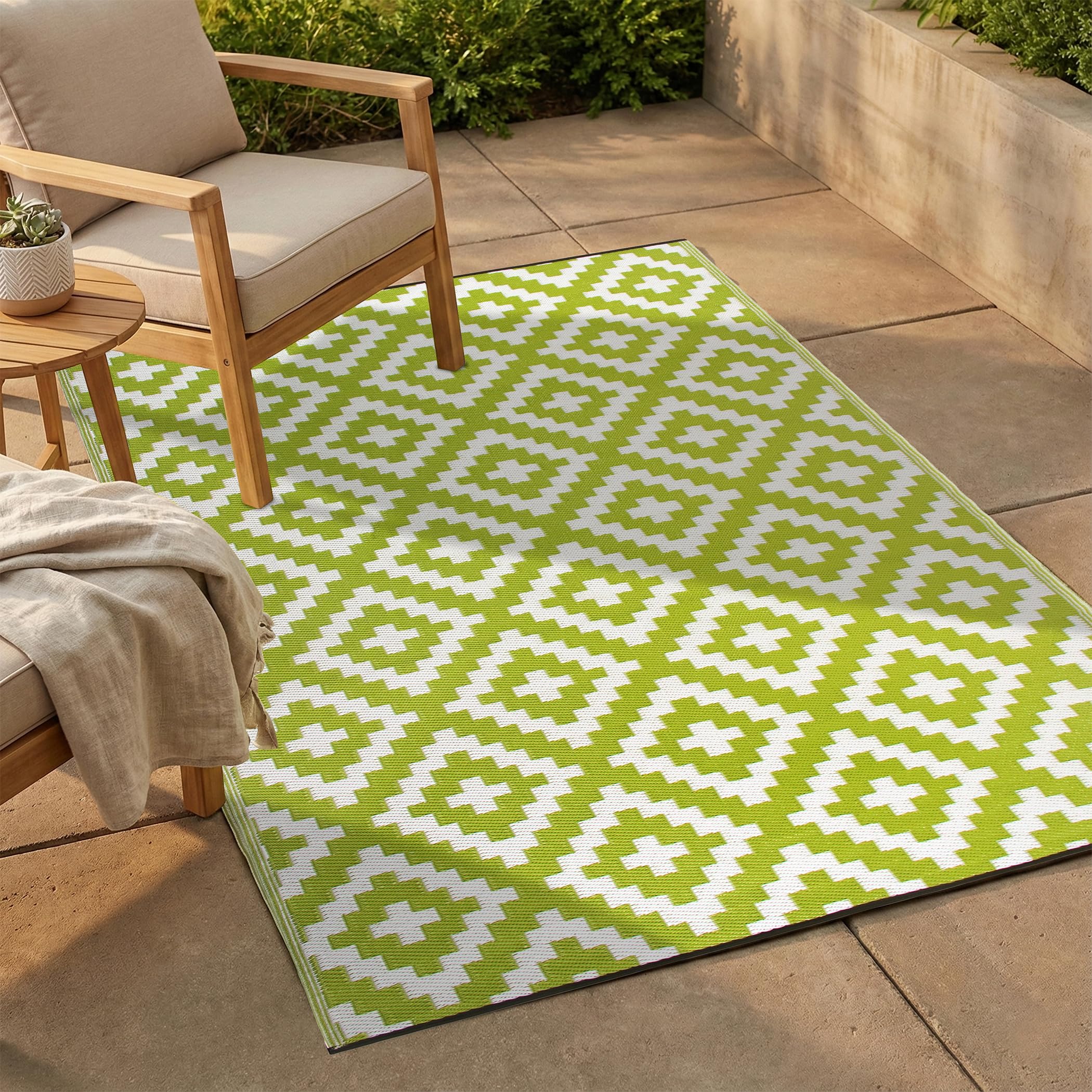 Outdoor Rug - Waterproof, Fade Resistant, Reversible - Premium Recycled Plastic - Geometric - Large Patio, Deck, Sunroom, Camping, RV - Aztec - Green & White Crease Free - 6 x 9 ft