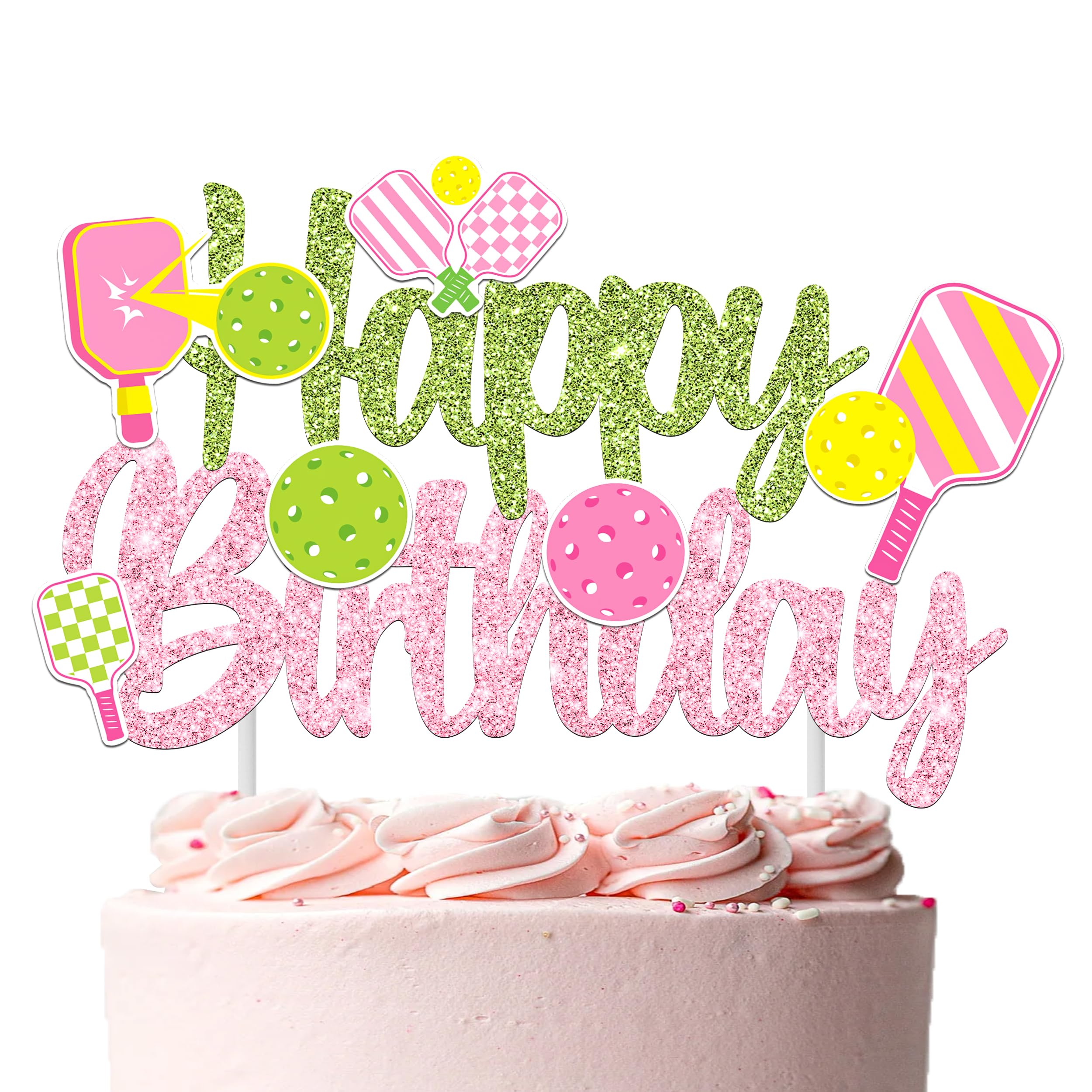 Pickleball Birthday Party Decorations for Girls Green and Pink Glitter Pickleball Happy Birthday Cake Topper for Pickle ball Player Bday Party Decoration Supplies