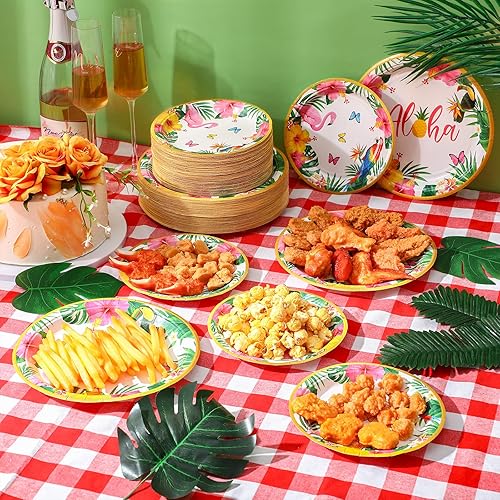 Miniatura 7 de Dandat 192 piezas de suministros de decoración de fiesta hawaiana Luau, platos desechables para fiesta de cumpleaños tropical, verano, bohemio,
