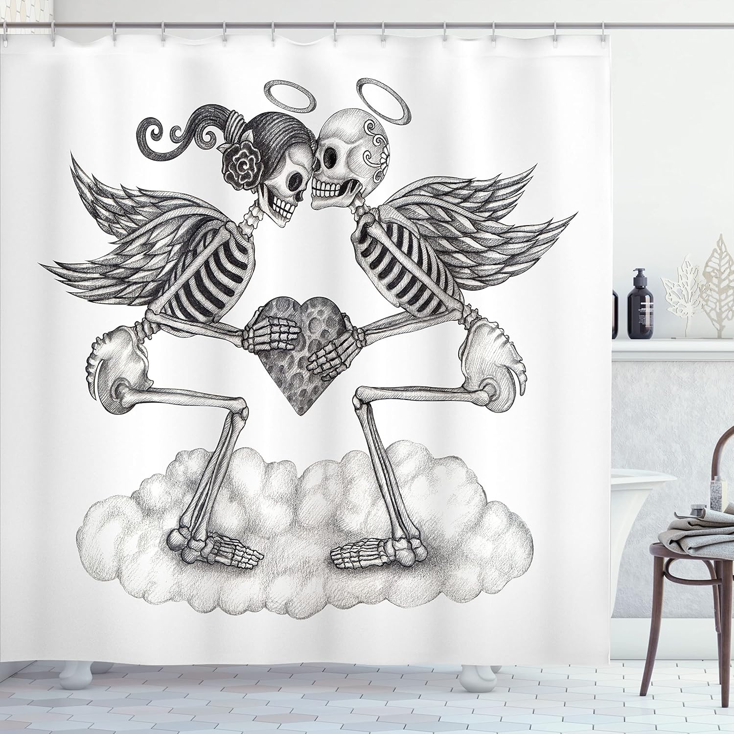 Ambesonne Mexican Shower Curtain, Cupids Skull Skeleton Festival Wings Wedding Vintage Valentine Smiles, Cloth Fabric Bathroom Decor Set with Hooks, 69" W x 84" L, Black White