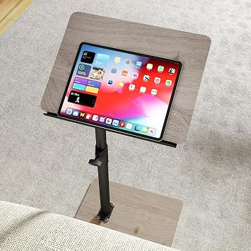 YUHFERA Sofa Armrest Tray Table for Couch - 360 Swivel Height Adjustable End for Small Spaces, Snack Side Table for Bed or Chair with Phone & Tablet Slot Gray,Angle Adjustable