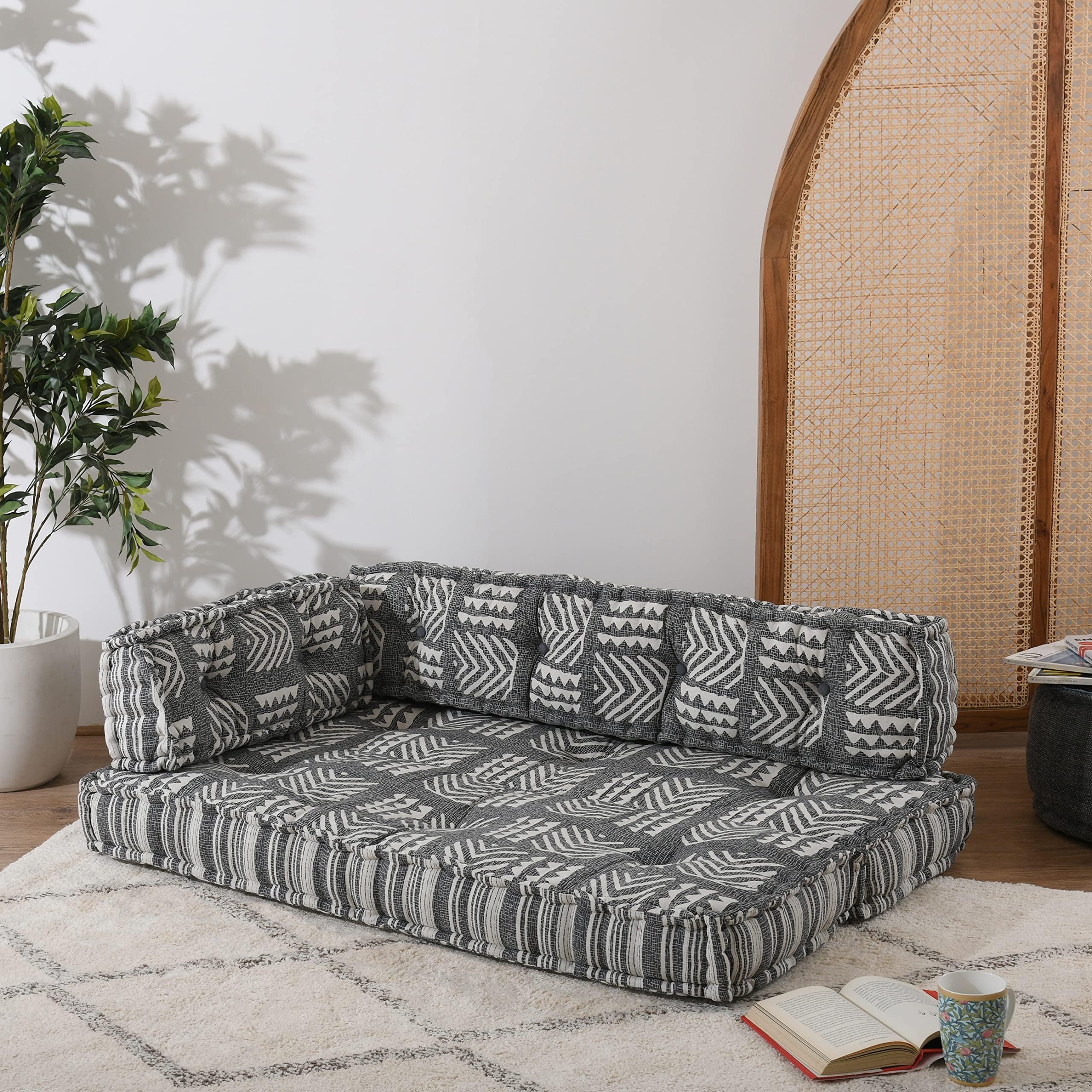 ASHEVILLEยฎ Handcrafted Cotton Upholstery 2 Seater Sofa for Living Room Bedroom Home | No Wood Foldable Modular Sofa Set | Low Floor Seating, Corner Cushion Sofa, 2-Person Lowseat (3 Pcs, Dark Grey)