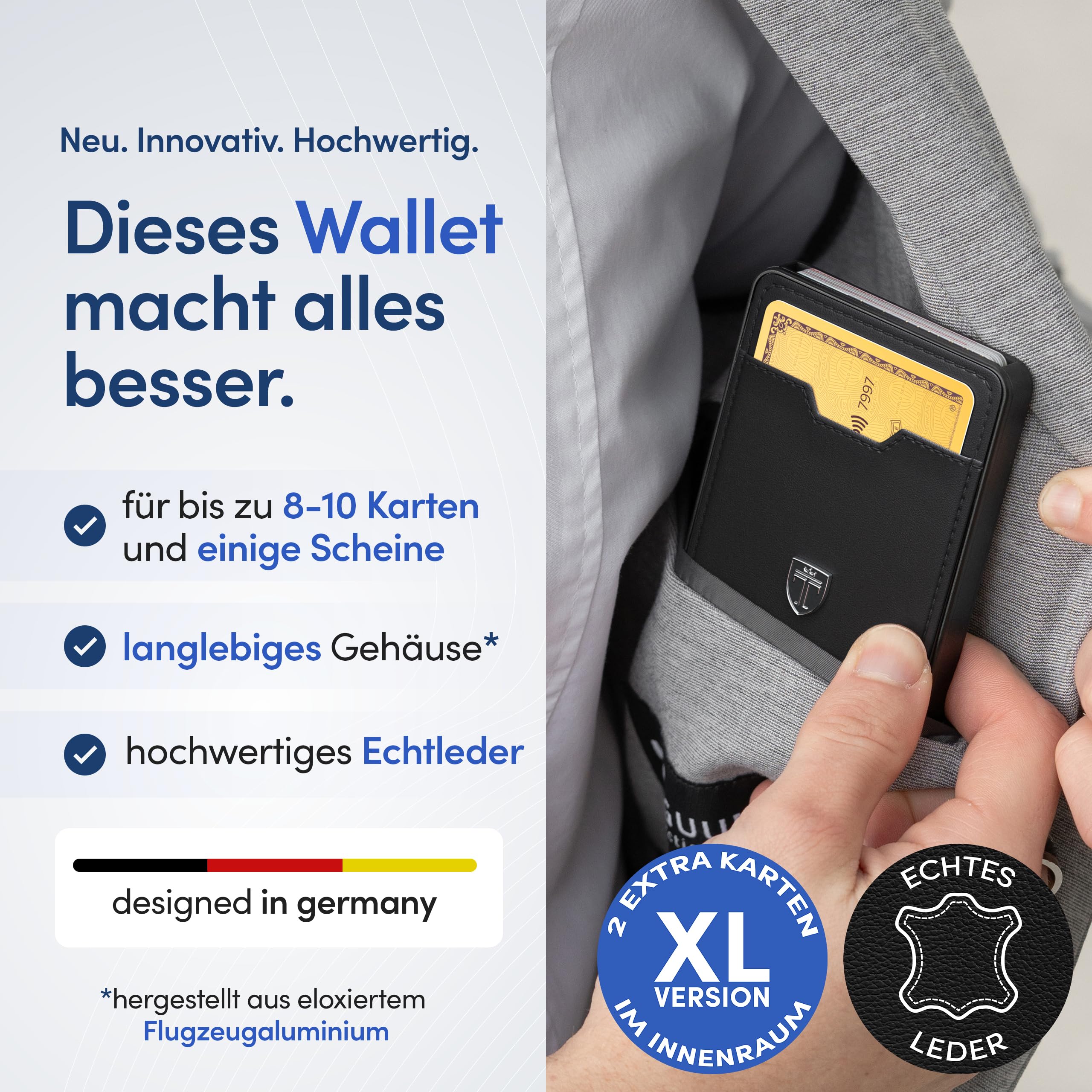 TRAVANDO SWYPE Echtleder Aluminium Pop-Up Wallet für 8-9 Karten - Geldbörse für Herren mit RFID Schutz - Geldbeutel mit Geldklammer - Kartenetui mit Geldspange - inklusive Geschenkbox