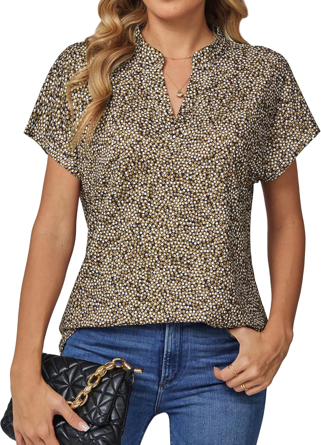 DJT Womens Tops Short Sleeve Shirts Summer Tops Trendy V Neck Loose T-Shirts Dressy Casual Work Blouses