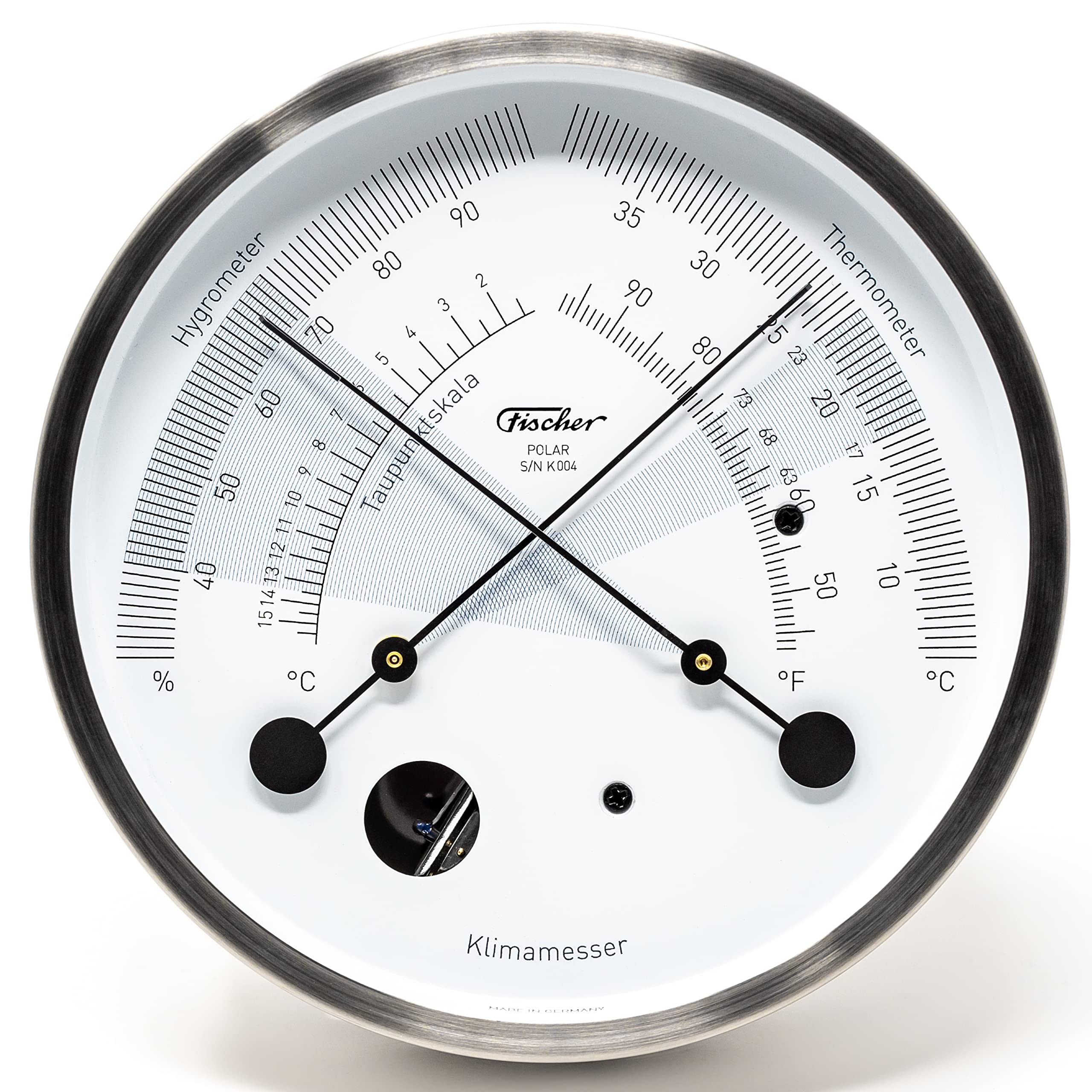 Fischer 1608K-01, POLAR Klimamesser, Thermohygrometer, Made in Germany | mit Thermometer und Haar-Hygrometer, Edelstahl-Gehäuse, Messbereich 30-100 % r. F. und 5-40 °C, 133mm Durchmesser