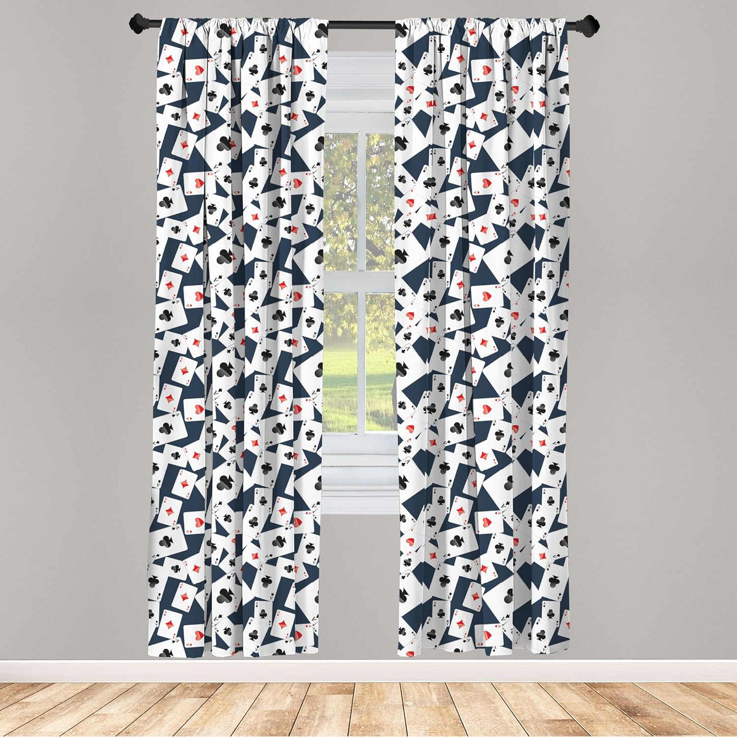 Lunarable Casino Window Curtains, Realistic Style Random Scattered Playing Cards Leisure Time Hobby Games, Lightweight Decor 2-Panel Set with Rod Pocket, Pair of - 28" x 84", Cadet Blue Black Red