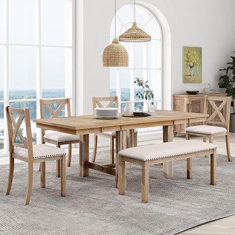 Farmhouse 6-Piece Extendable Dining Room Table Set, Acacia Wood, Natural and Be