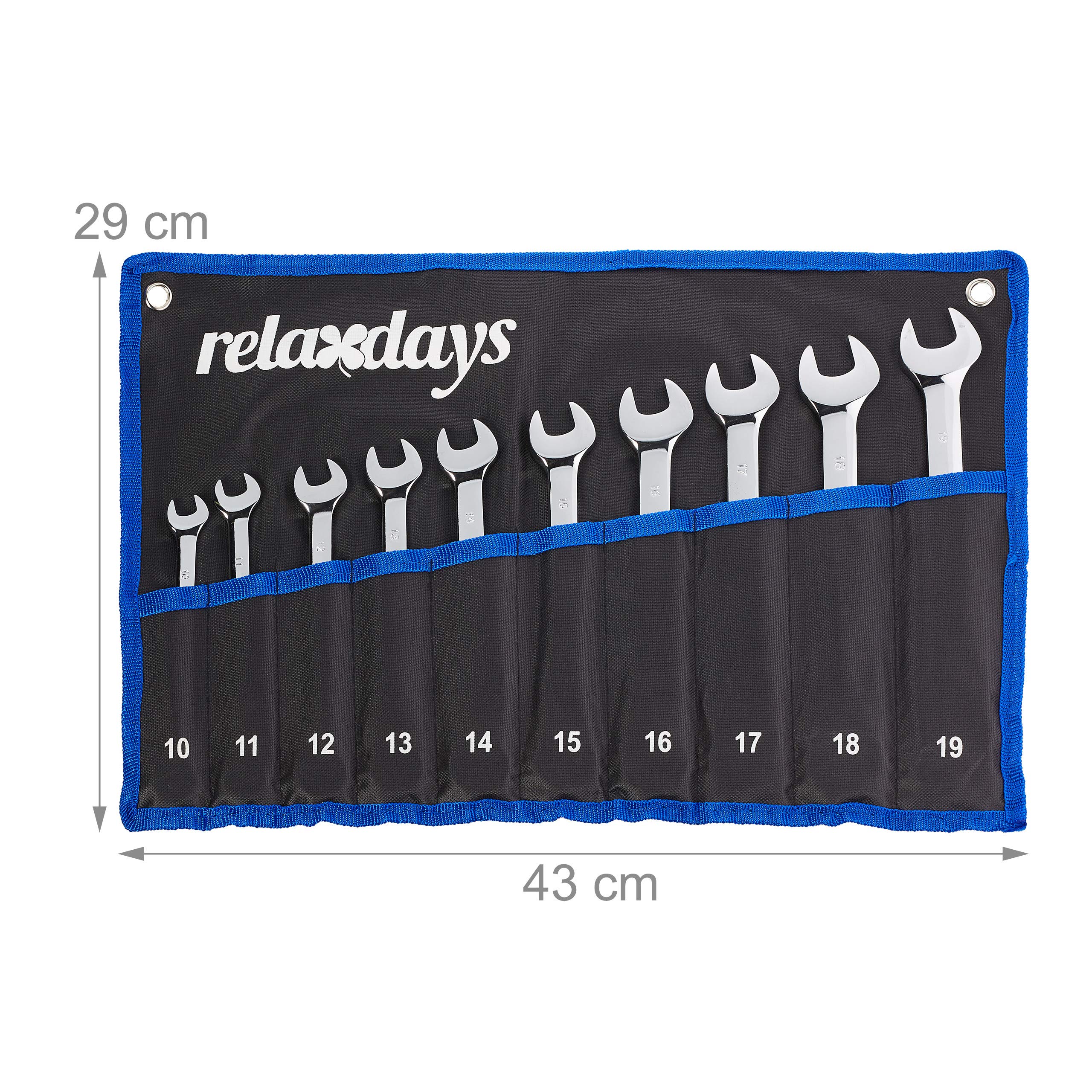 Relaxdays Pack de 10 Llaves Combinadas, de Boca y Estrella, Con Articulación y Carraca, 10-19 mm, con Bolsa, Negro