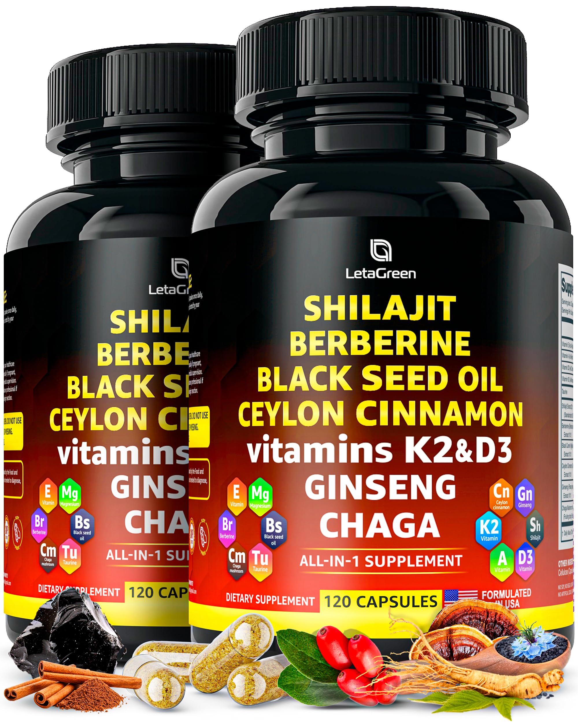 Pure Himalayan Shilajit Capsules - All-in-1 Fulvic Acid Pure Shilajit Supplement (Pack of 2) - Berberine with Ceylon Cinnamon, Black Seed Oil and Ginseng Complex