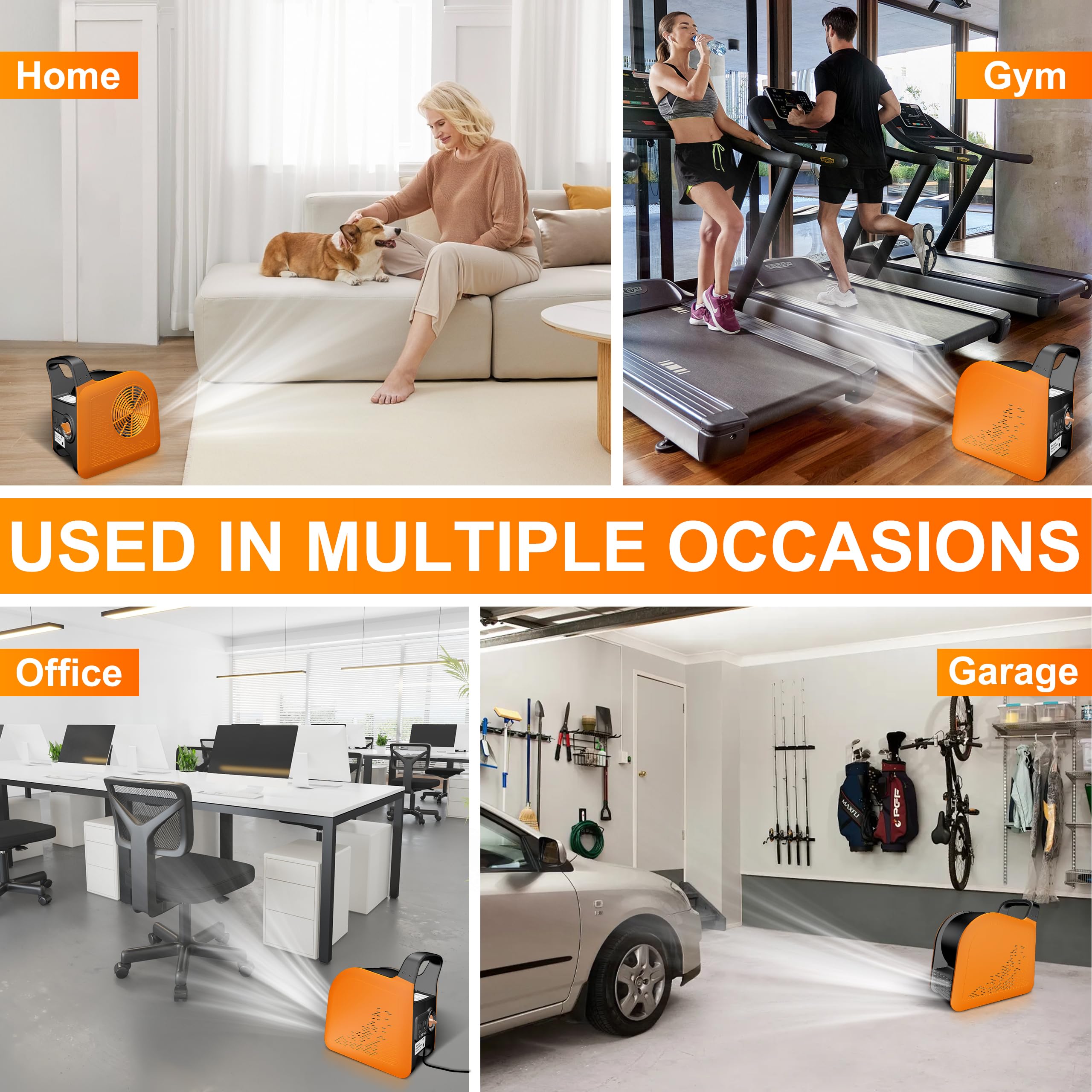 Air Mover Blower Fan for Drying Cooling and Ventilating, High Velocity Fan for Home Garage Workshop and Job Site Use, Portable Floor Fan with 185° Rotation, 3 Speeds, 2 AC Outlets, Orange