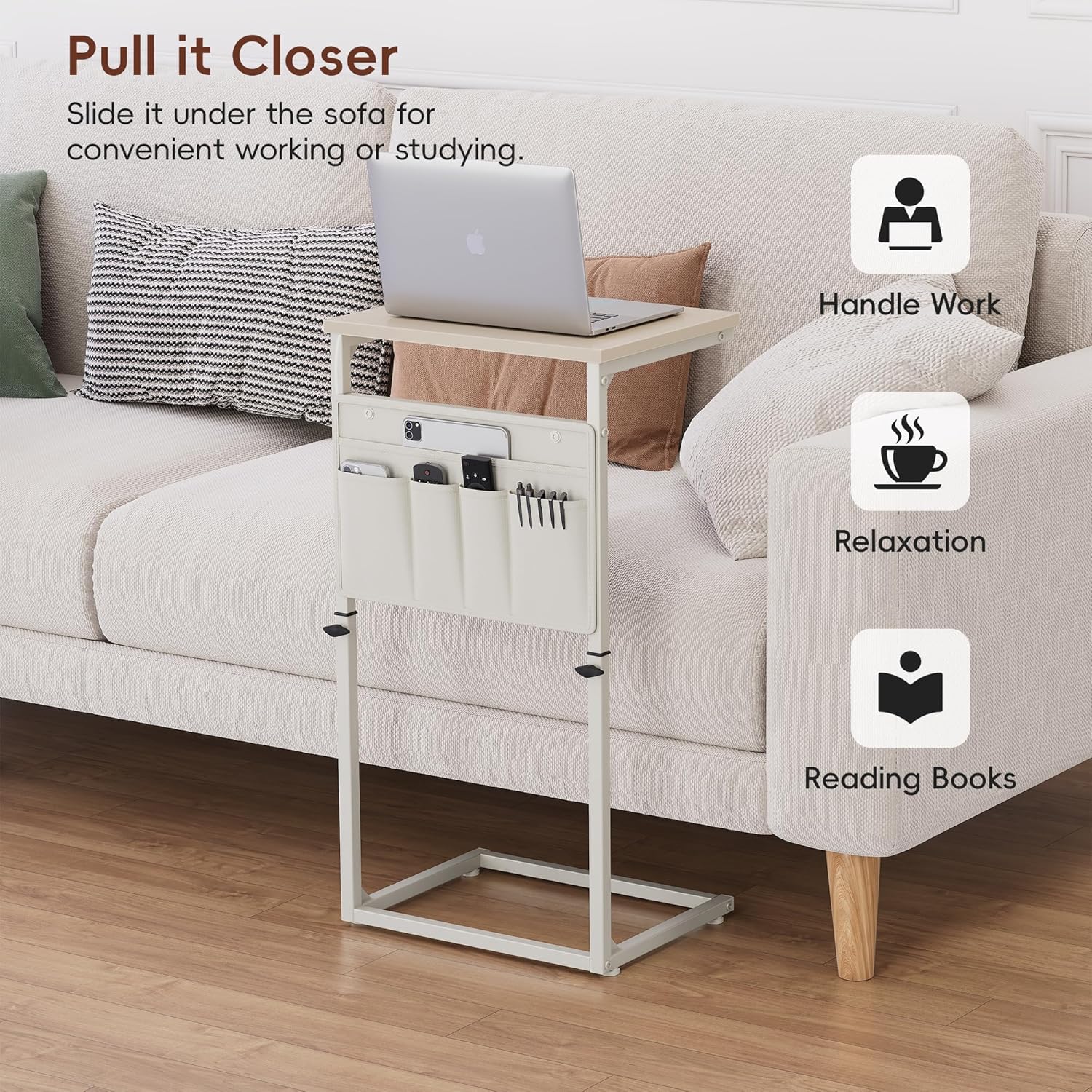 Vagusicc C Shaped End Table, 32'' Tall Side Table for Couch, Adjustable Height Small Couch Side Table for Small Spaces, End Table Slide Under Sofa Table TV Tray Table Arm Table for Living Room