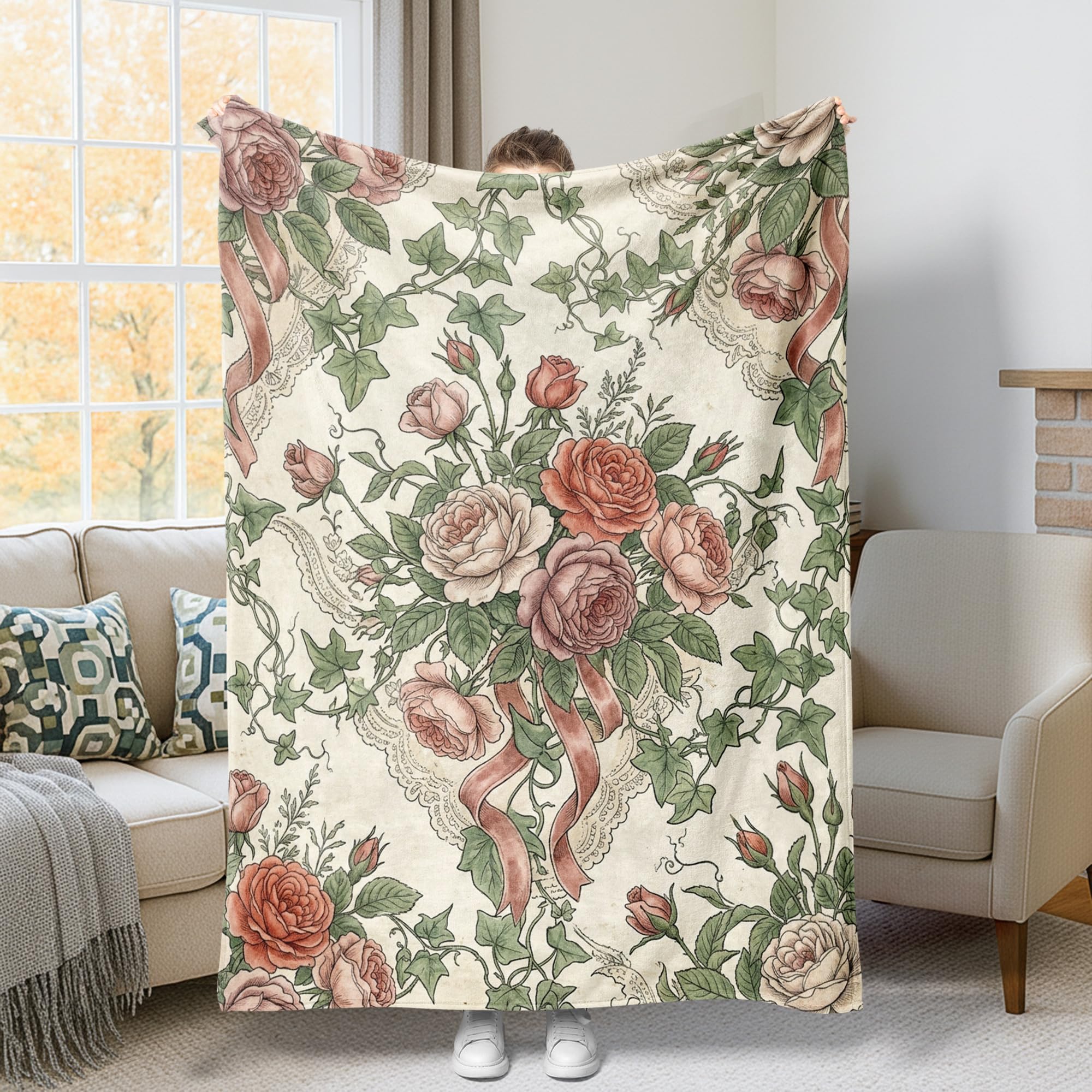 Couverture en peluche légère motif roses et lierre, un jeté de lit vintage haut de gamme