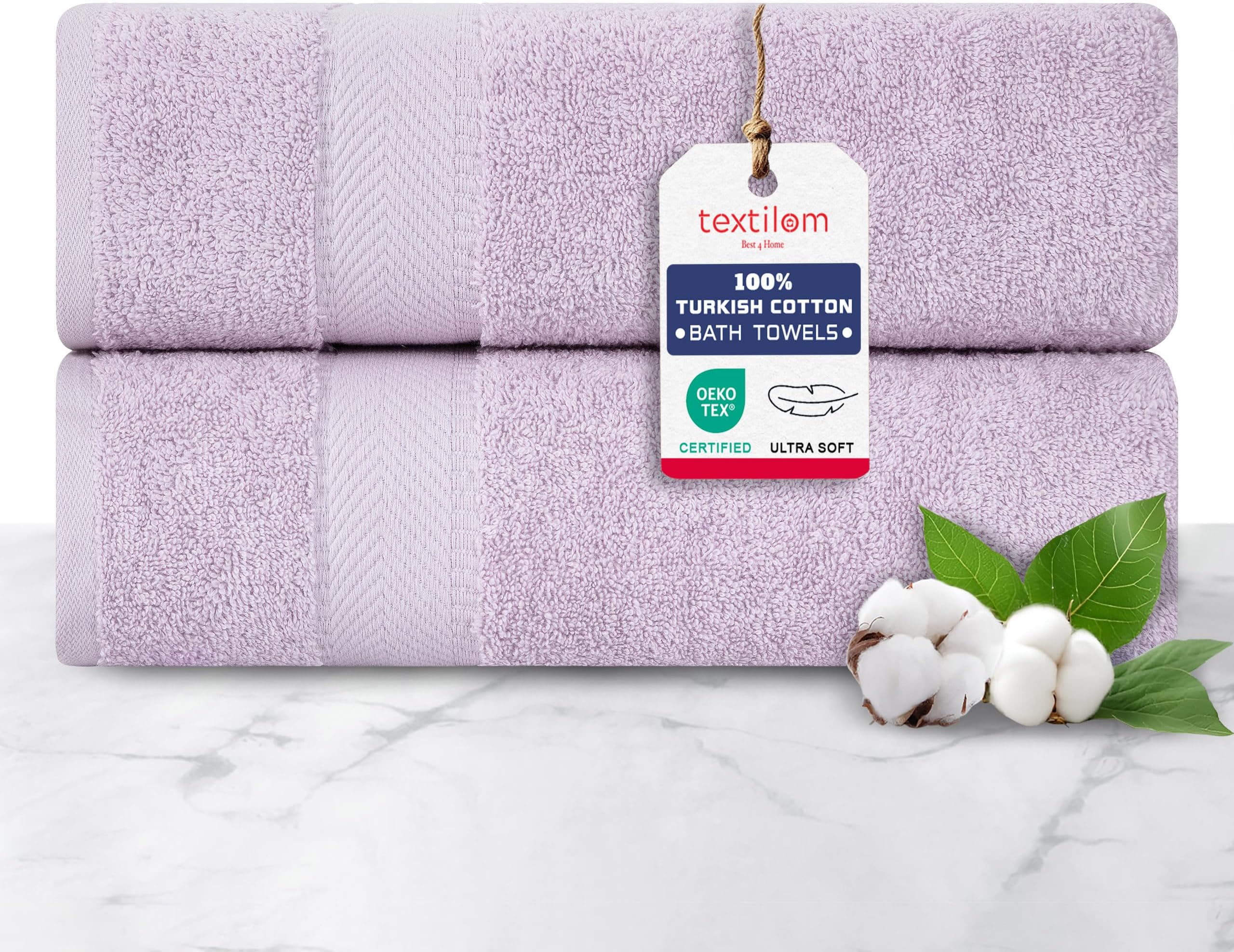 TEXTILOM 100% Turkish Cotton 2 Pcs Bath Towel Set, Luxury Bath Towels for Bathroom, Soft & Absorbent Hotel Quality Bathroom Towels Set (27 x 54 inches)- Lilac