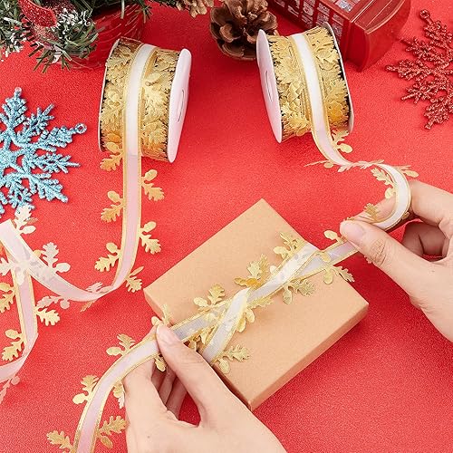 Miniatura 3 de FINGERINSPIRE 22 yardas 2 rollos de cinta de hojas doradas de 1.5 pulgadas, cinta de poliéster plana para fiestas, bodas, decoración del hogar y