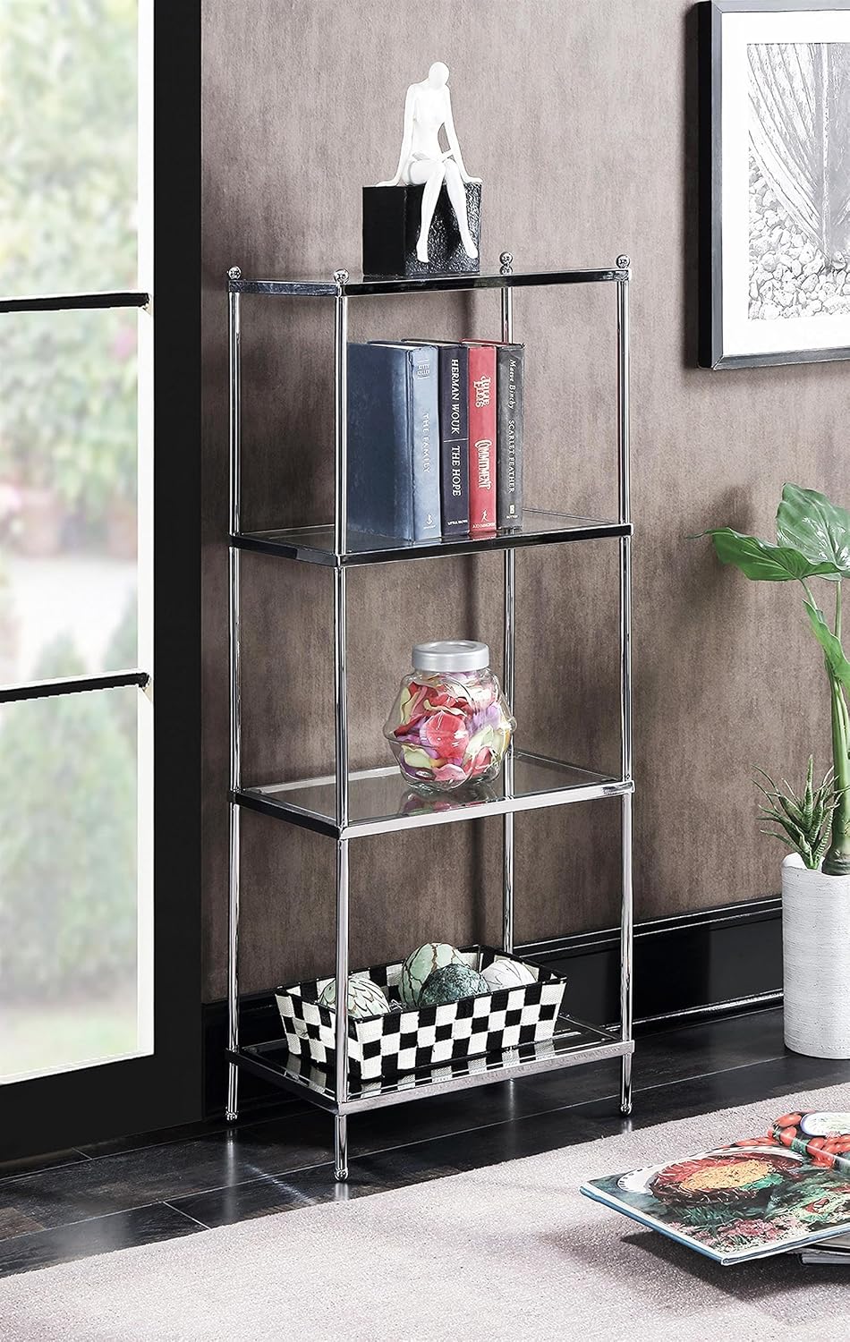 Pemberly Row Modern Four-Tier Bookcase, Chrome Metal Frame, Clear Glass Shelves, 43" H x 17.75" W x 11.75" D, Contemporary Design for Office or Living Room Storage and Display