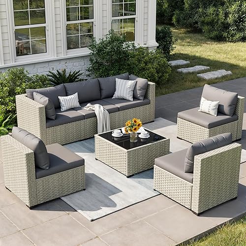 Patio Furniture Set, 7-Piece Outdoor Sectional All-Weather Wicker Patio Conversation