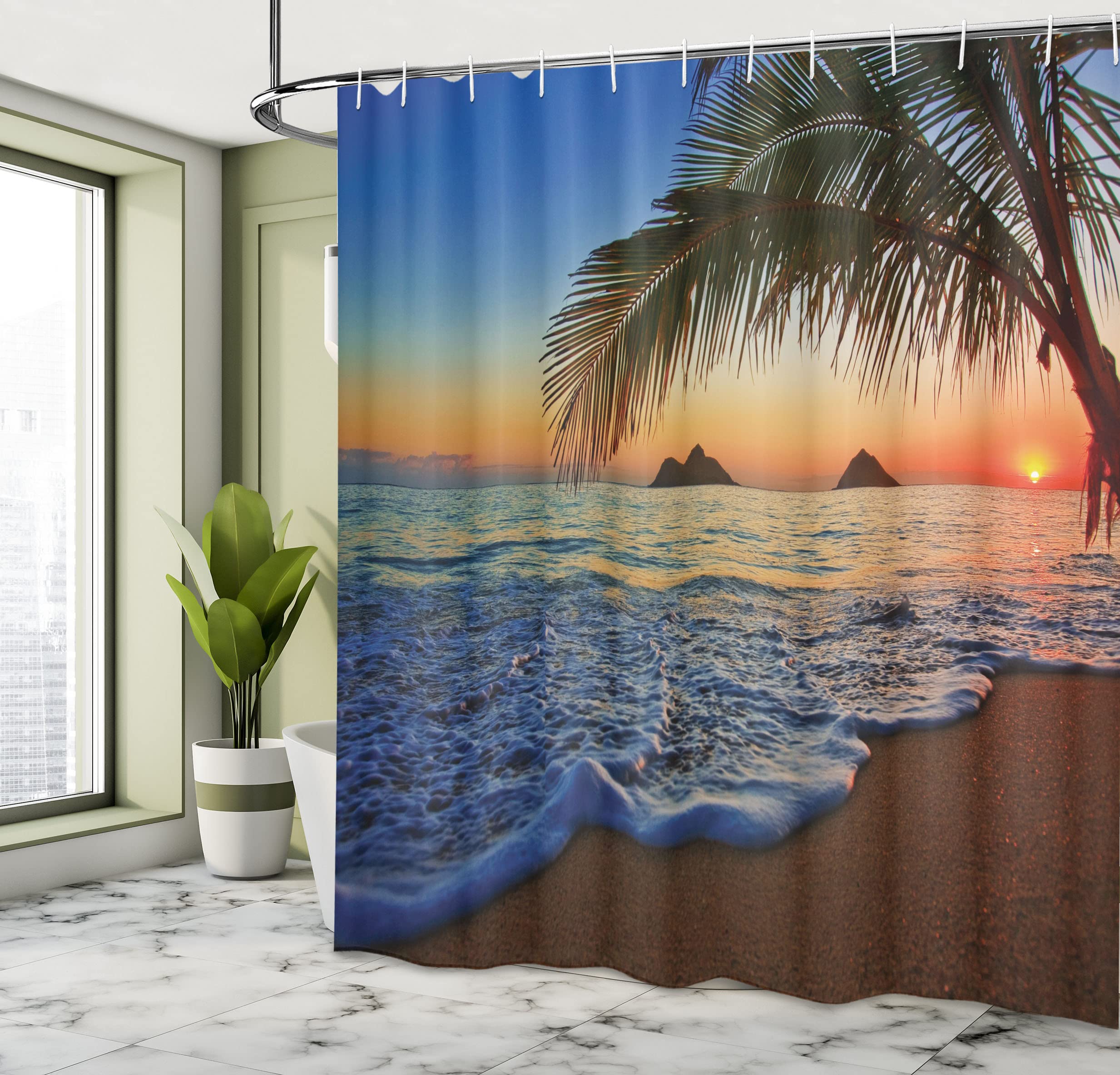 Ambesonne Hawaiian Shower Curtain, Pacific Sunrise at Lanikai Beach Hawaii Wavy Ocean Surface Colorful Sky Scene, Cloth Fabric Bathroom Decor Set with Hooks, 69" W x 70" L, Blue Ivory - 4