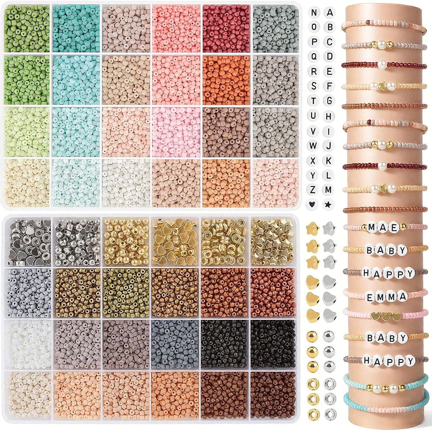 Kit 1300 Perline In Vetro Craquelé 8 Mm Per Bracciali | 48 Colori Con Distanziatori, Ciondoli E Corde Elastiche | Fai Da Te