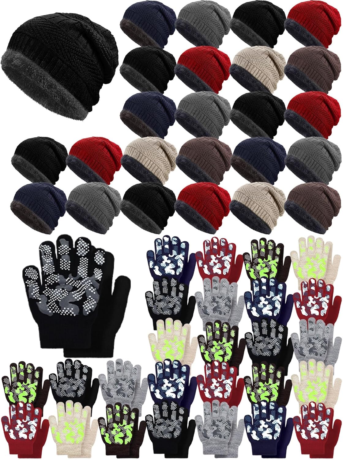 Kids Beanie Hat and Glove Winter Sets Bulk with Organza Bag, Warm Lining Knit Fleece Hat Anti-Skid Glove Boys Girls
