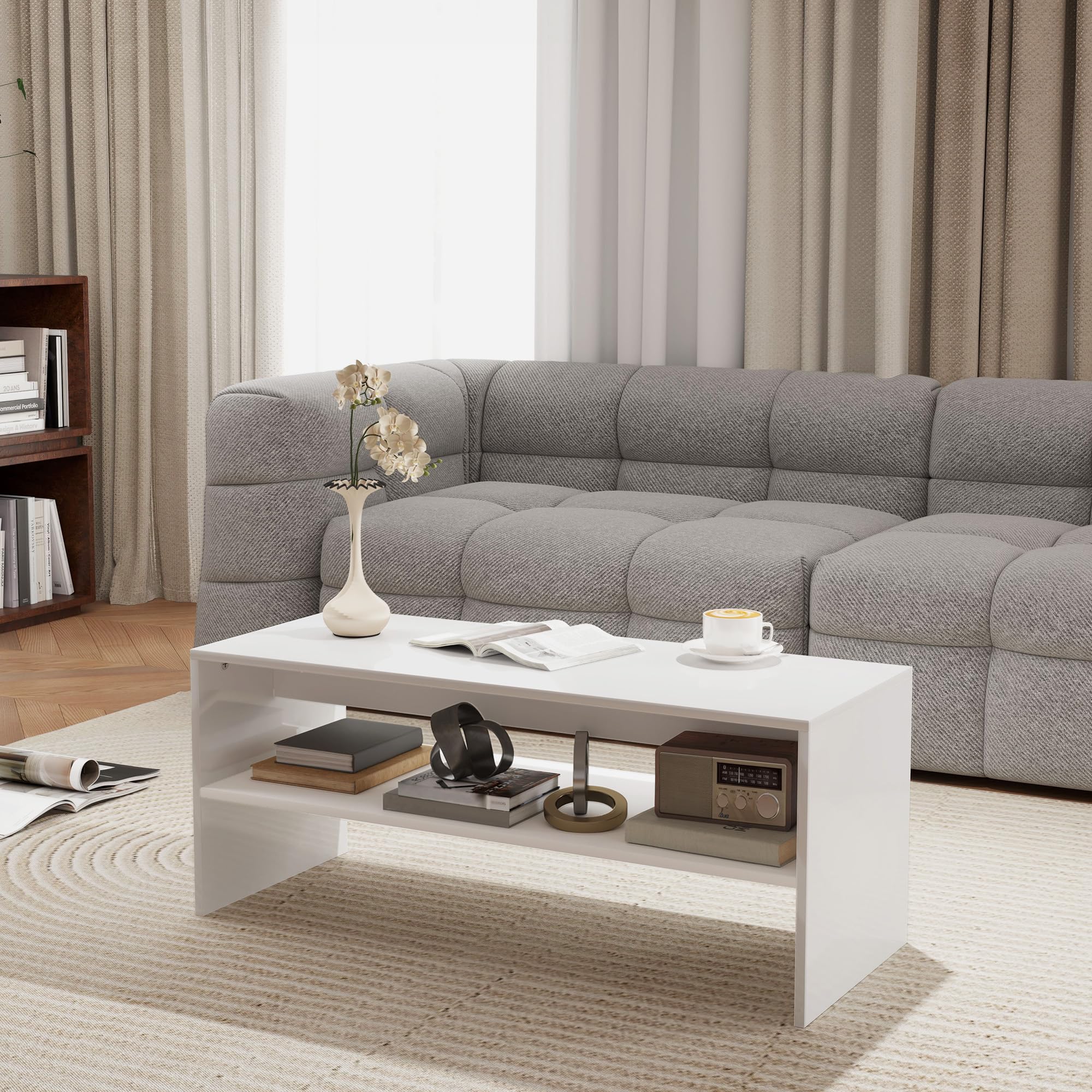 HOMCOM Mesa de Centro Mueble Auxiliar con Compartimento Abierto Mesa de Café para Salón Comedor 100x40x41,5 cm Blanco Brillante