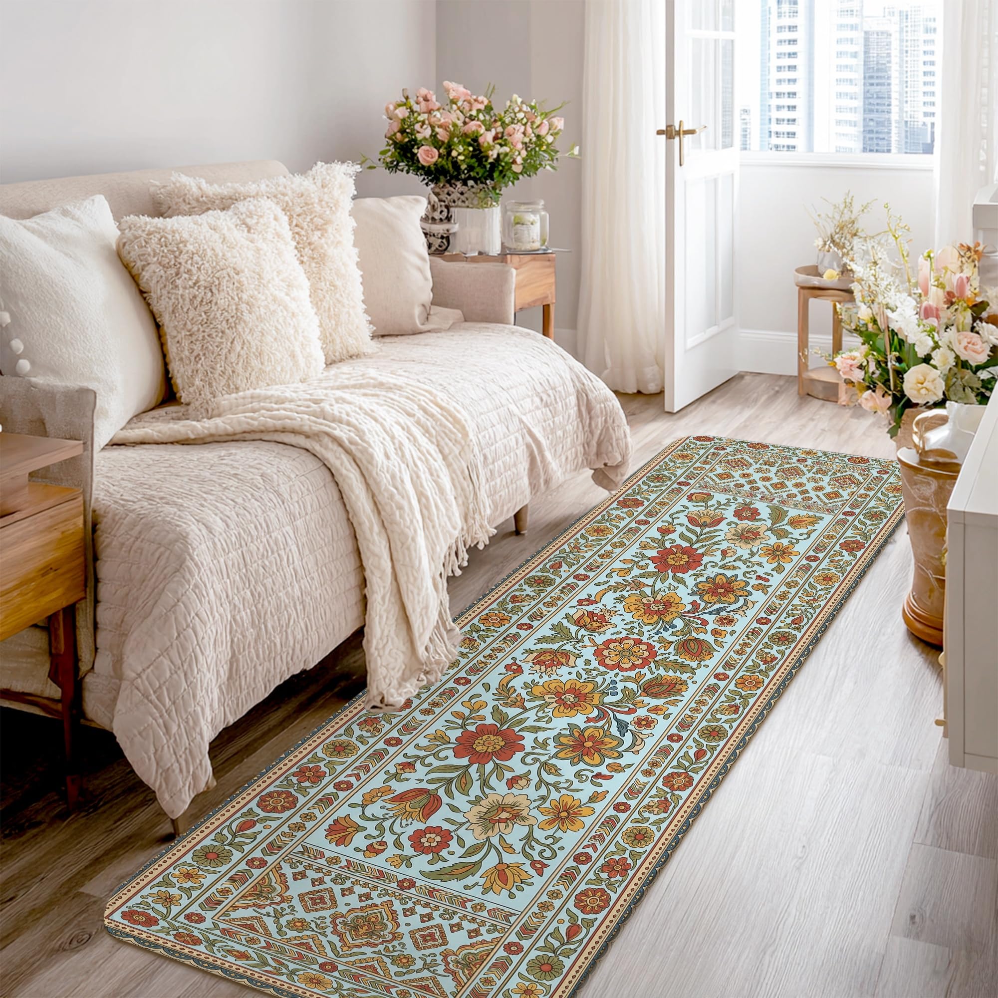 Tapis de couloir floral turquoise pour sublimer l'entrée, la cuisine et la buanderie