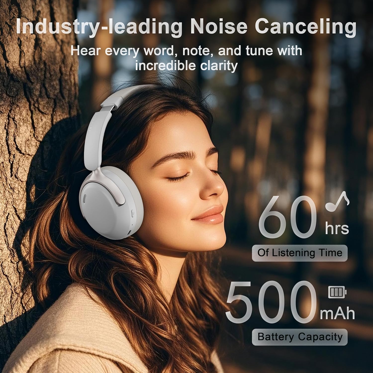 LORELEI QC30 Hybrid Active Noise Cancelling Headphones, 60H Playtime, Built-in Mic, Wireless Over Ear Headsets with Case,Bluetooth 5.4,Deep Bass Comfort Fit Soft-Earpads Fast Charging -White Smoke