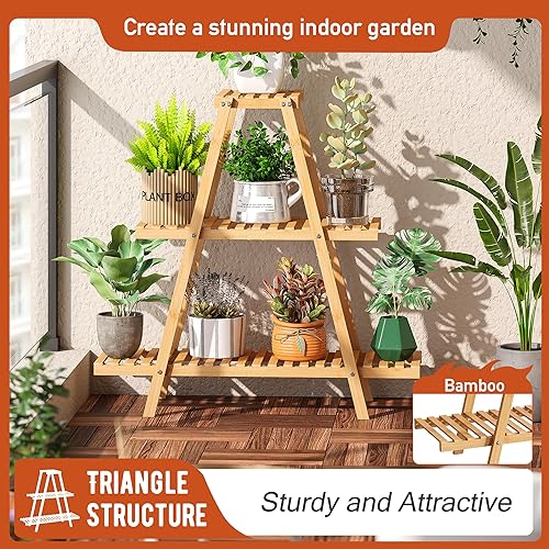 Miniatura 2 de GHWIE - Soporte para plantas de interior y exterior, estante de bambú para plantas, soporte de 3 niveles en escalera, soporte para flores para sala