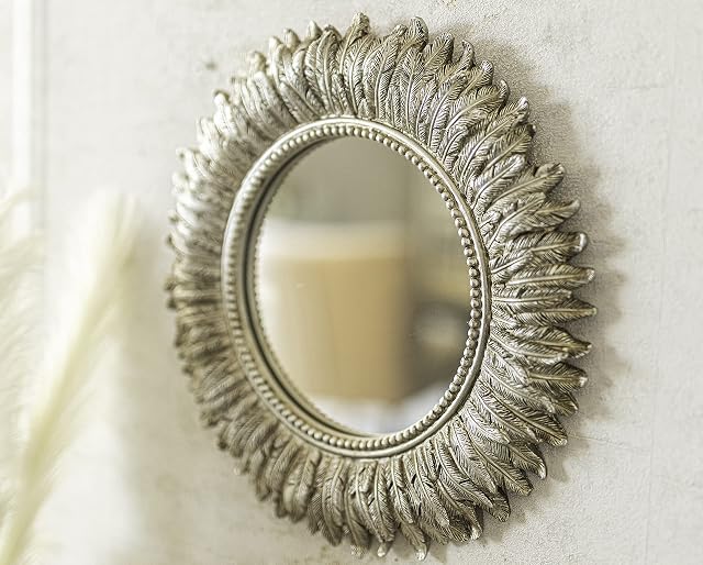 Marco Paul Round 40cm Wall Mirror Feathered Gold Mirror Bathroom Mirror or Lounge Bedroom Golden Vanity Mirror Wall Mounted Round Mirror Feather Decorative Wall Art Antique Style Finish Rustic Modern