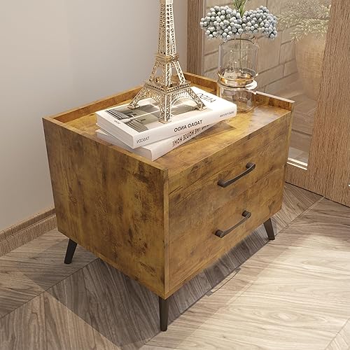 Lonkwa Mesita de noche rosa con 2 cajones, mesas de noche modernas de mediados de siglo, mesa auxiliar minimalista y práctica, mesa auxiliar de