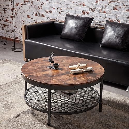 35" 2-Tier Single Panel Round Coffee Table for Living Room and Bedroom, with 3D Texture Metal Frame and Mesh，Brown