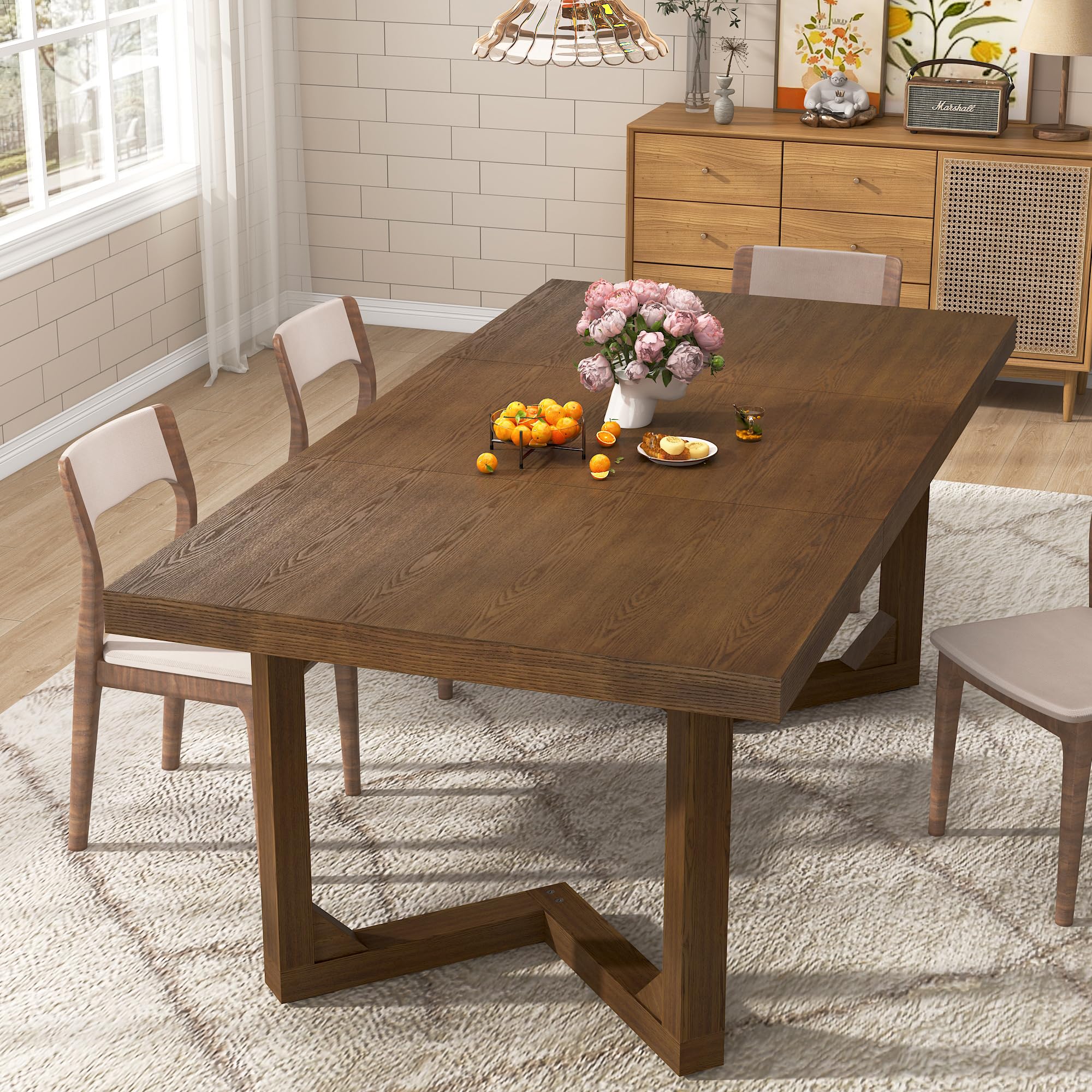 71 inch farmhouse dining table solid wood rustic kitchen table large wooden rectangular dinner table for dining room home office living room furniture easy assembly walnut wirebrush