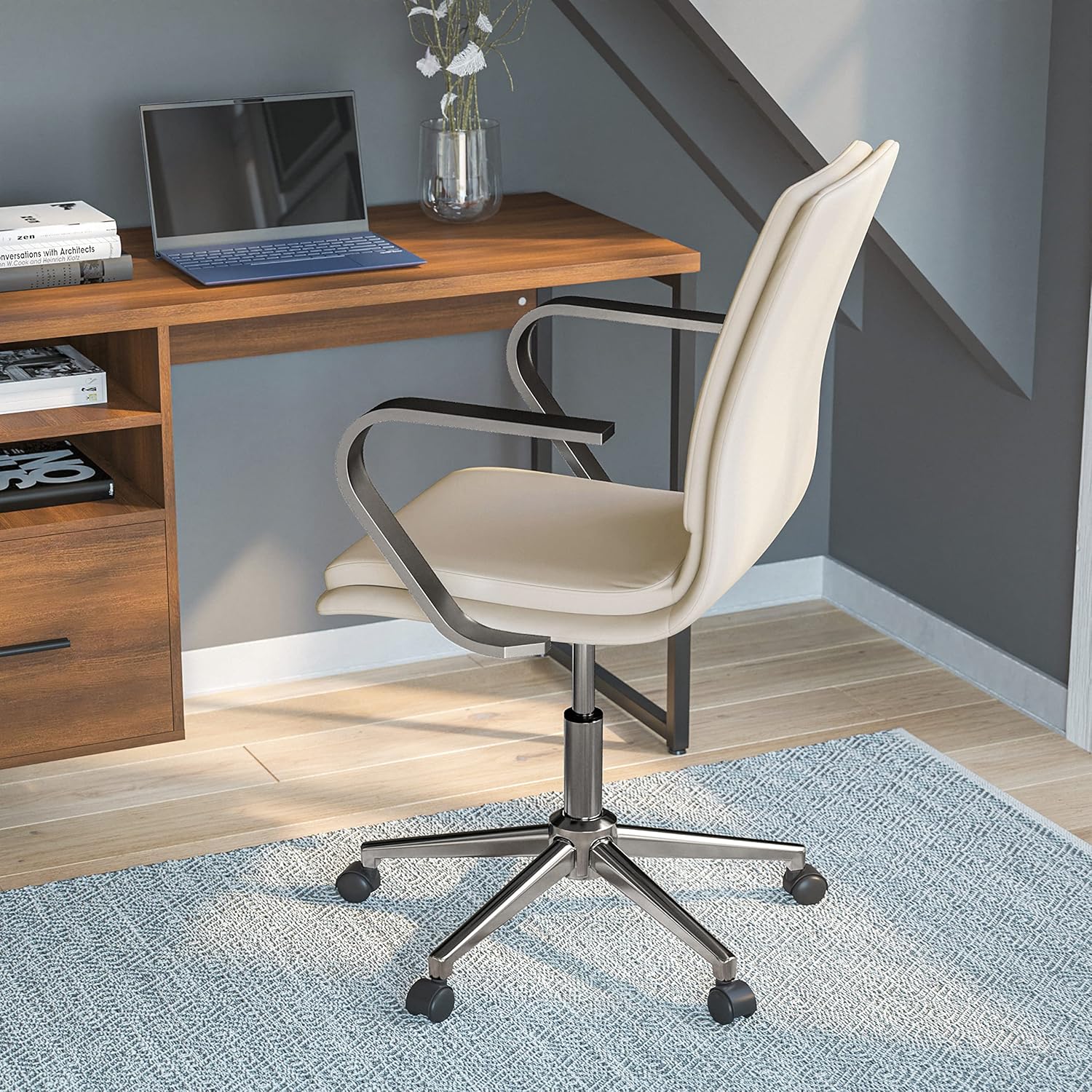 Flash Furniture James Mid-Back Designer Executive Office Chair - Taupe LeatherSoft Upholstery - Brushed Chrome Base and Arms - Height Adjustable 360° Swivel Seat
